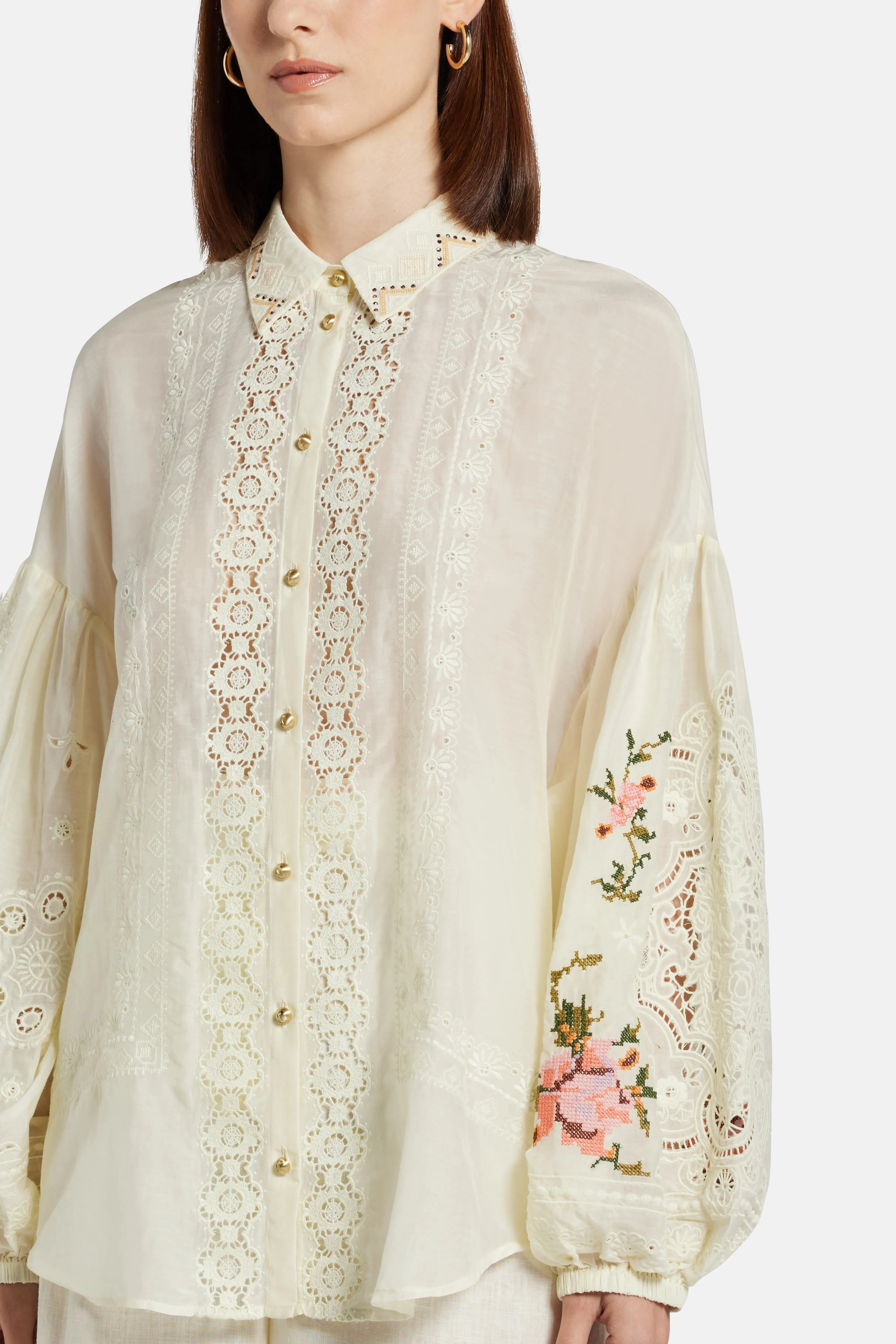 Embroidered Balloon Sleeve Shirt Blouse