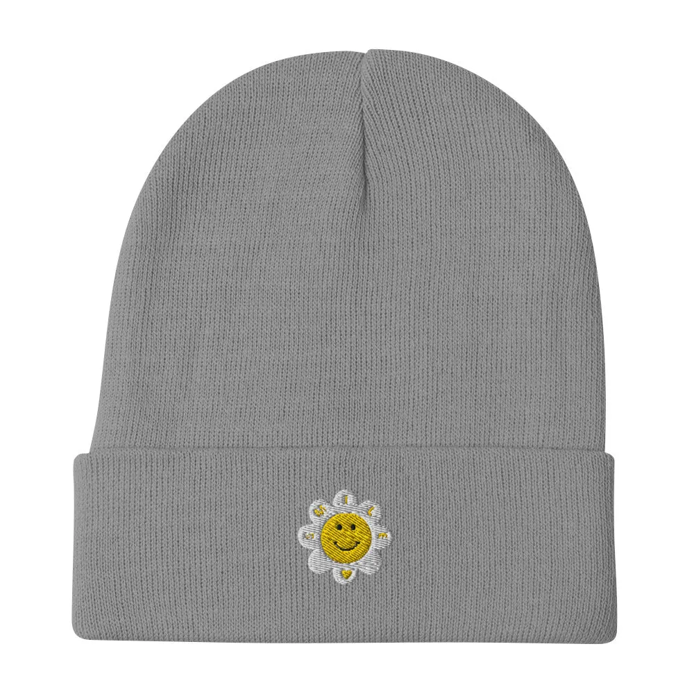 Embroidered Flower Smile Beanie