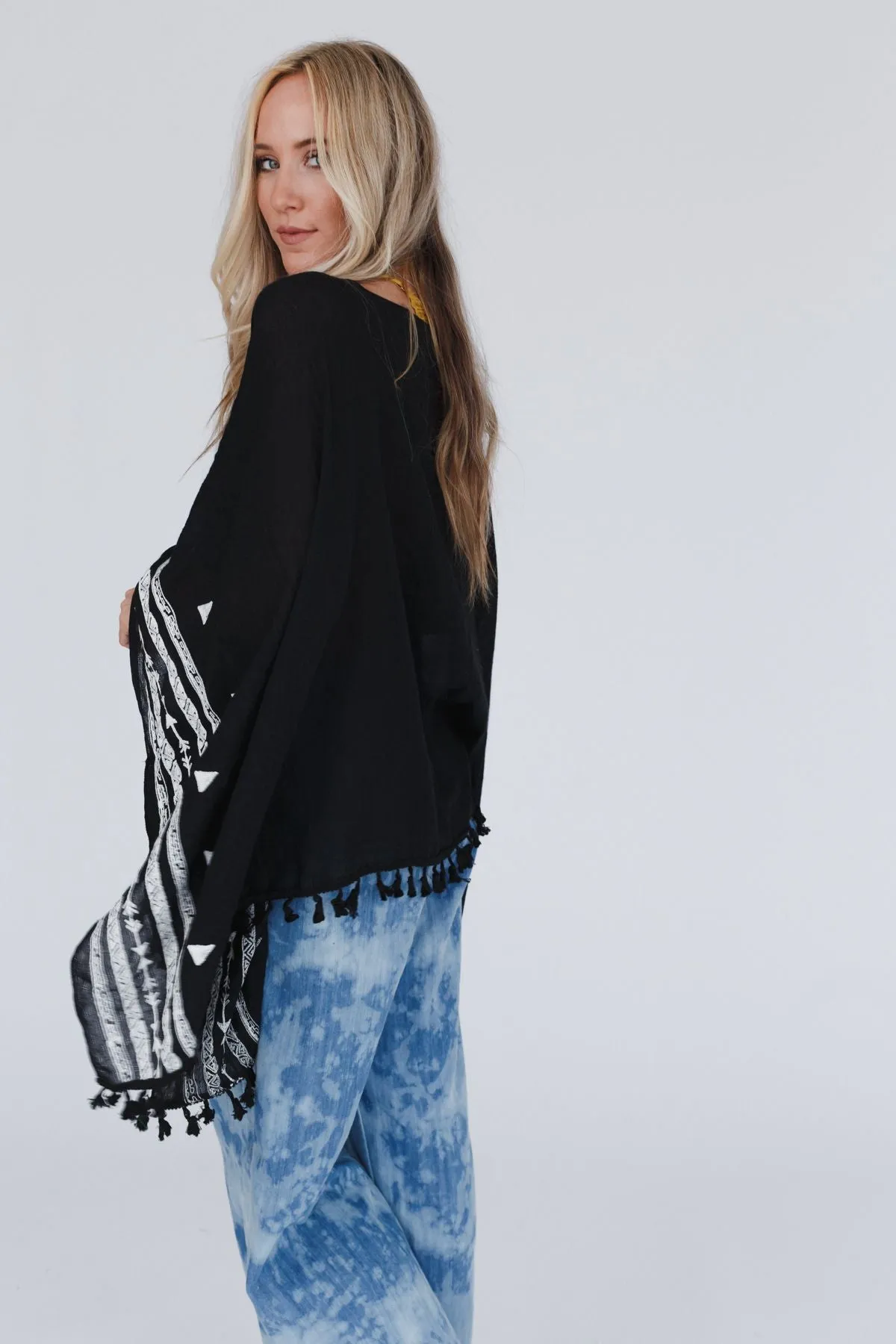 Fallon Embroidered Sleeve Tassel Poncho - Black