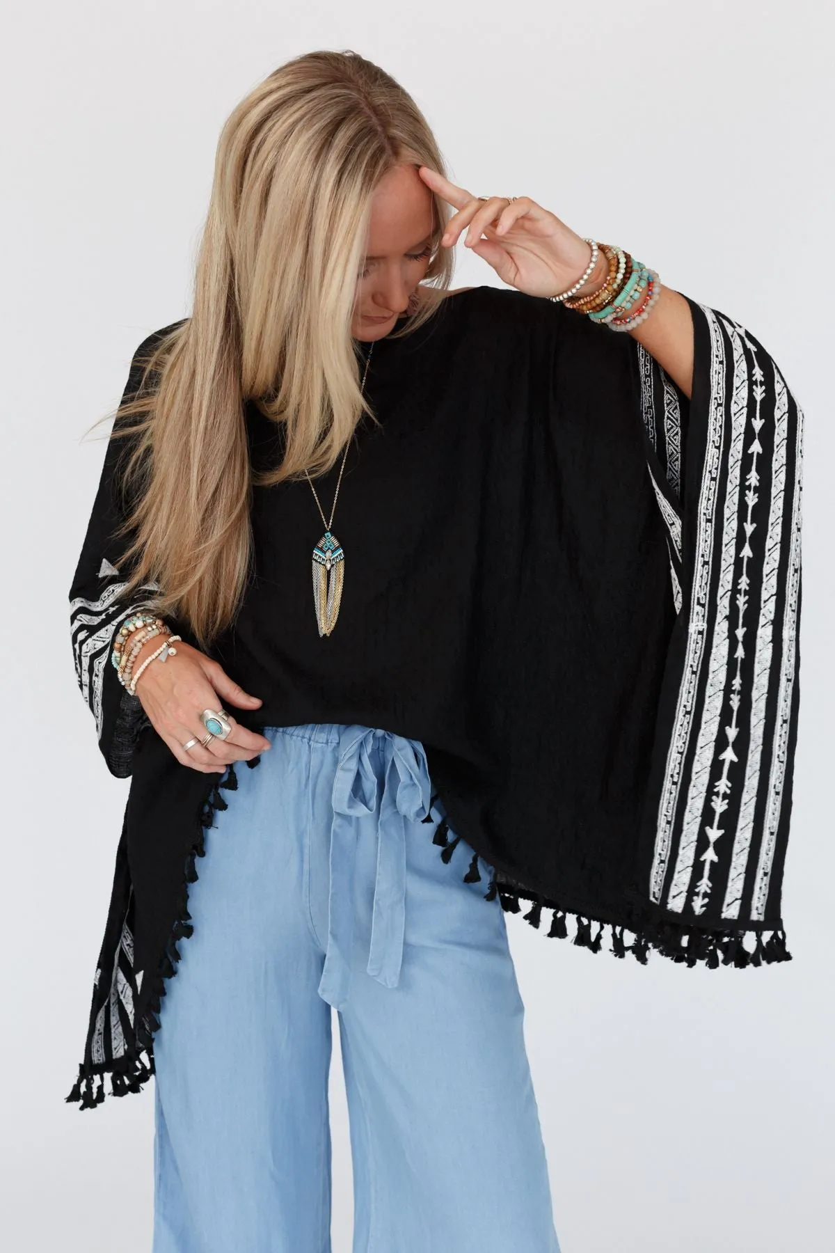 Fallon Embroidered Sleeve Tassel Poncho - Black