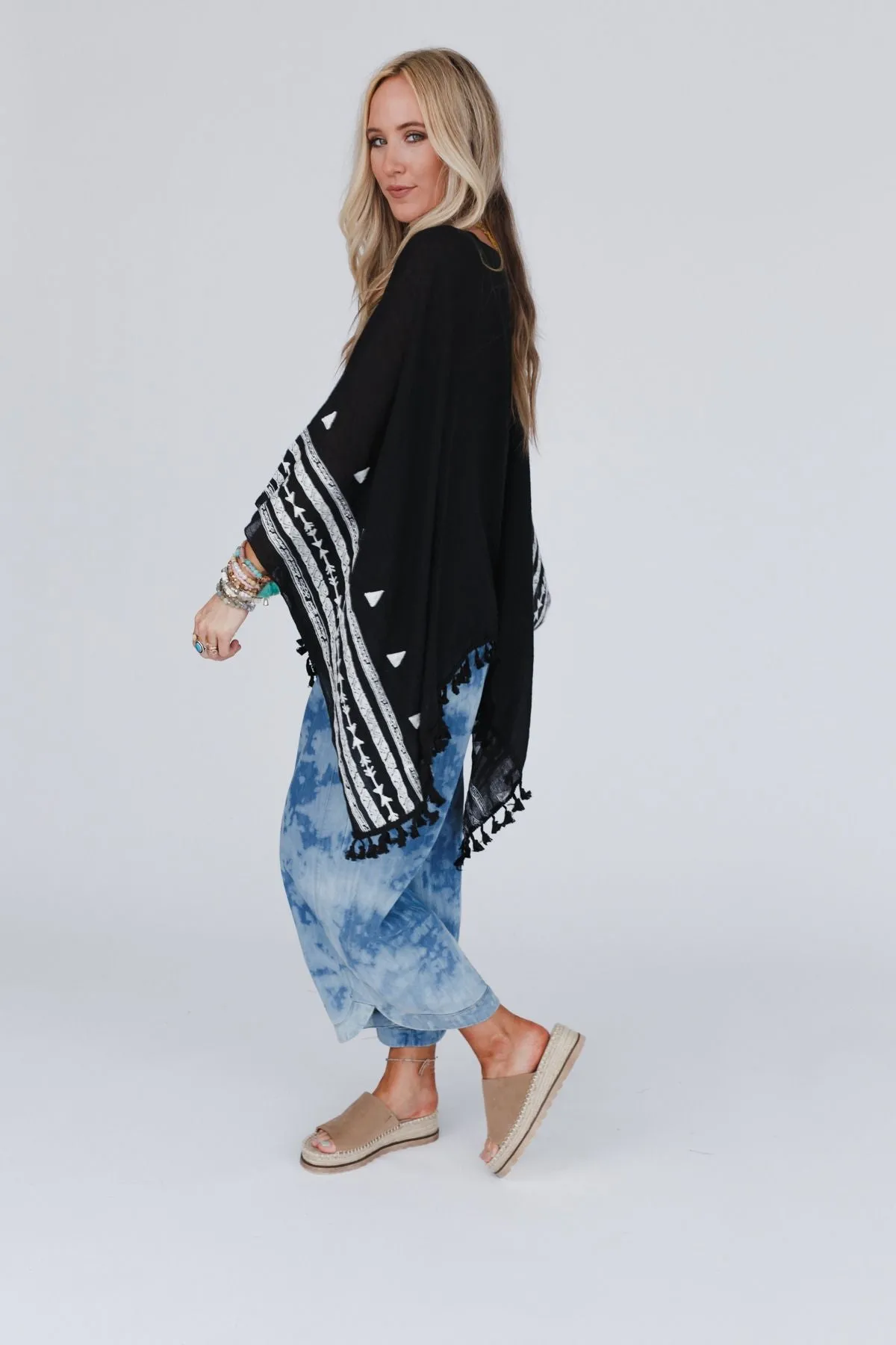 Fallon Embroidered Sleeve Tassel Poncho - Black