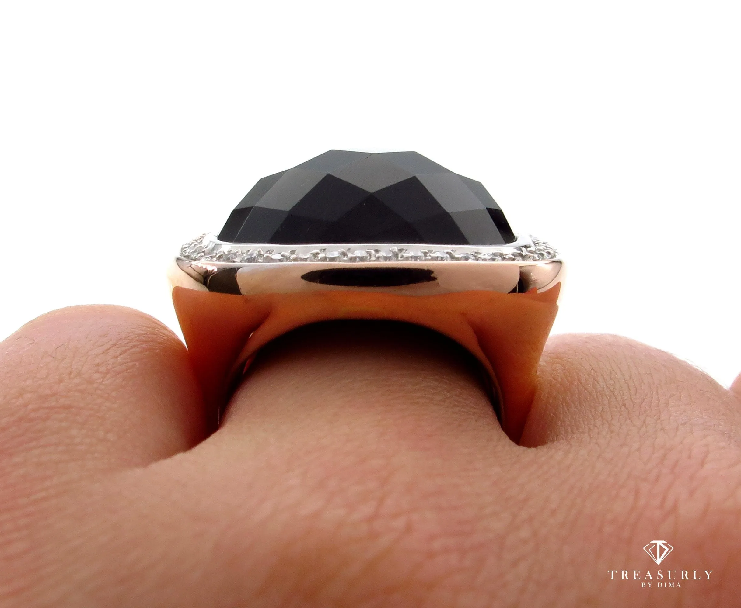 Fashion French cut Black Onyx and Diamond 18K Rose Gold Estate Ring