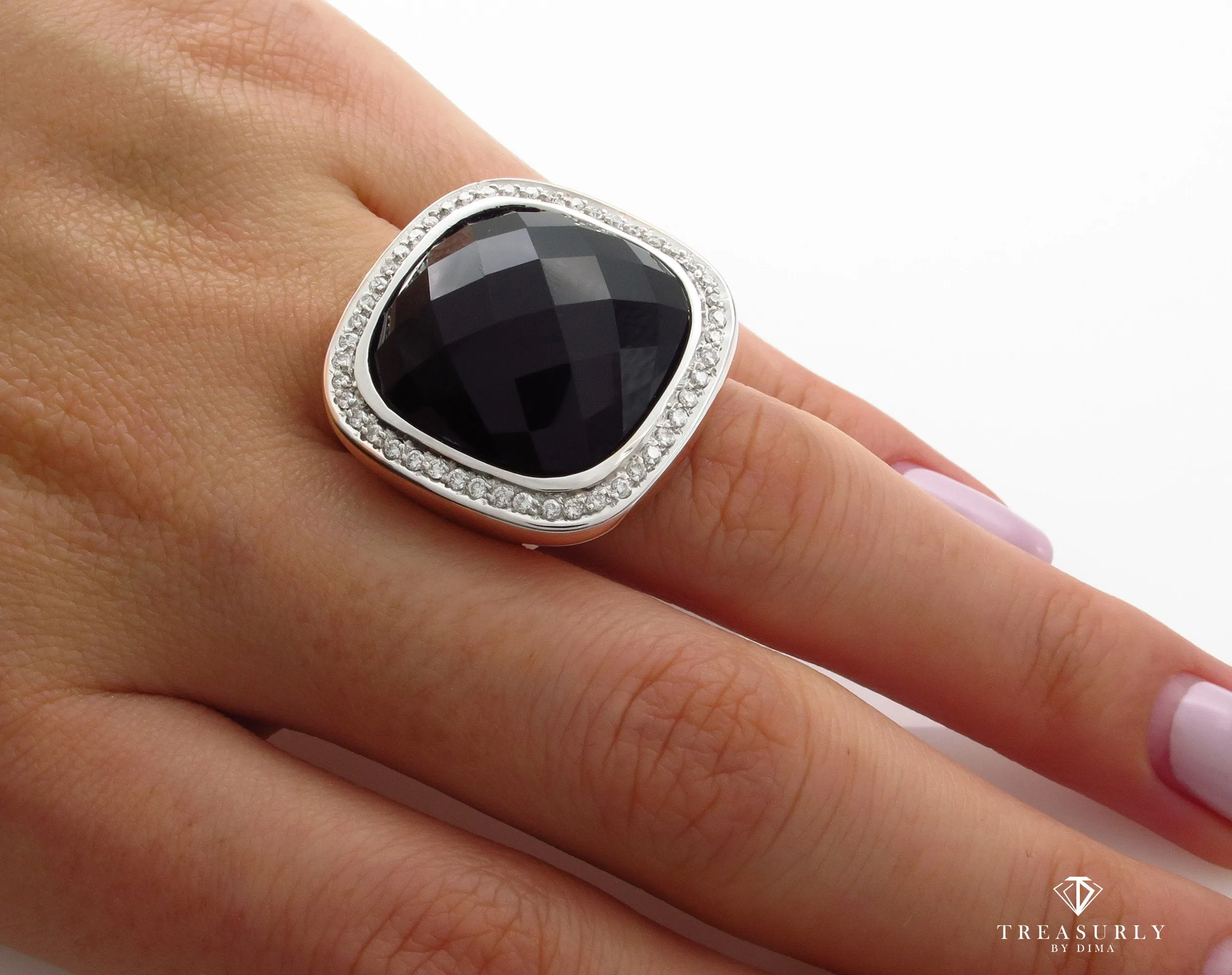 Fashion French cut Black Onyx and Diamond 18K Rose Gold Estate Ring