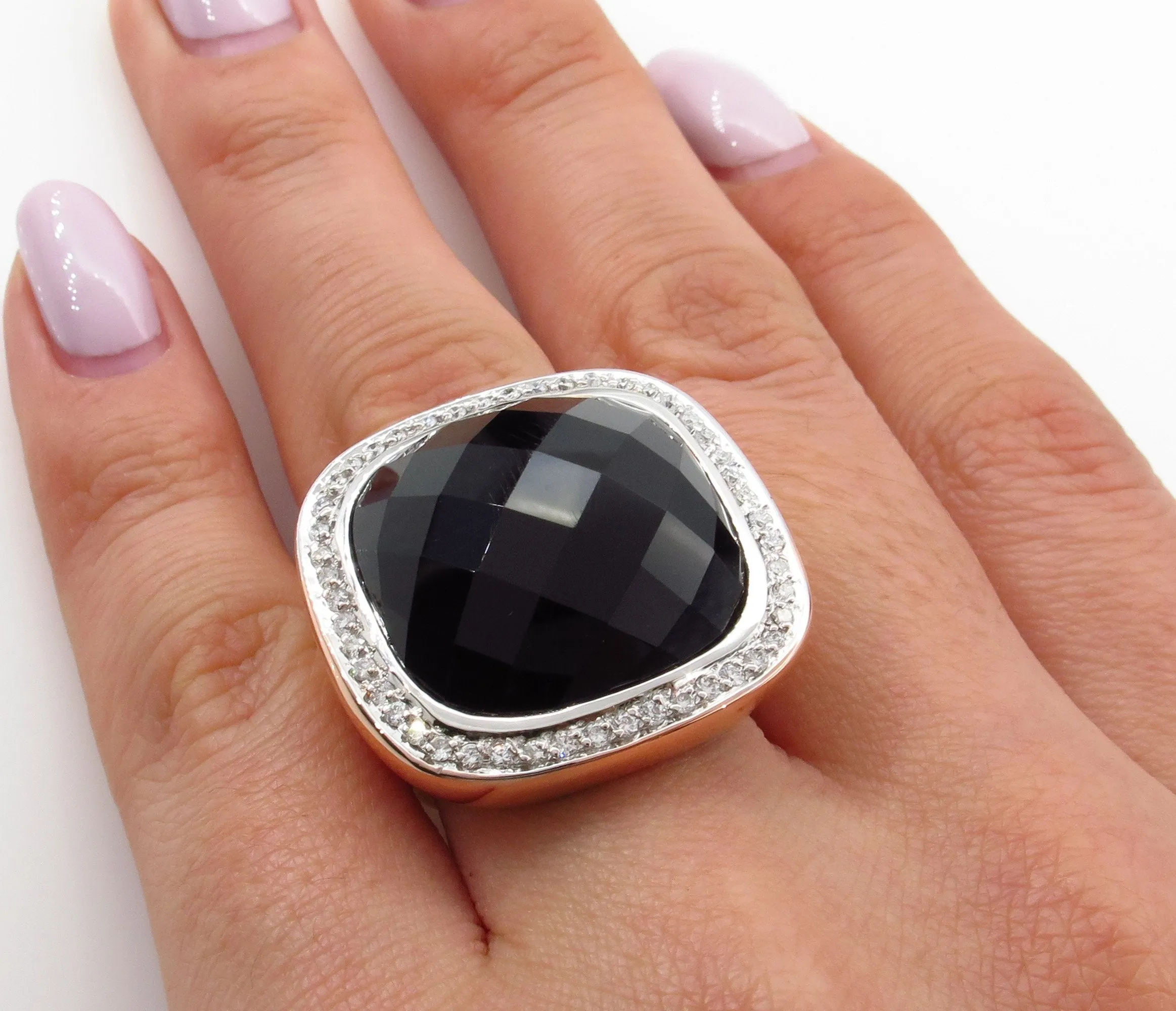 Fashion French cut Black Onyx and Diamond 18K Rose Gold Estate Ring