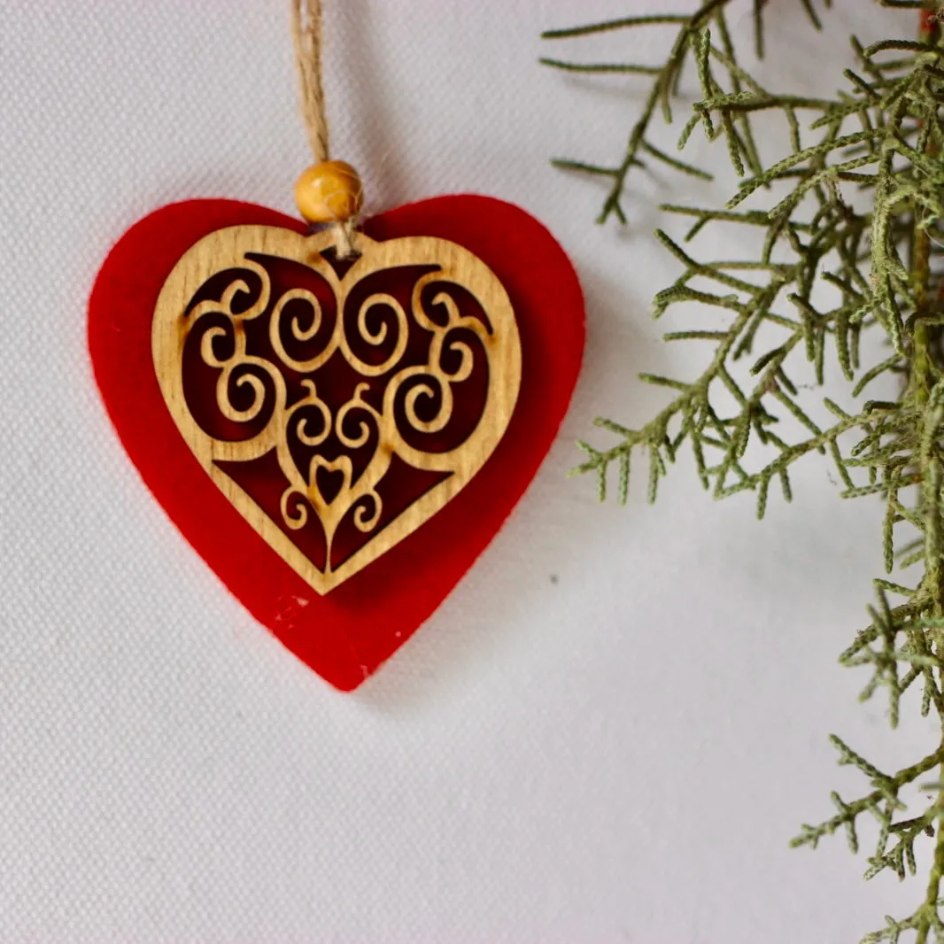 Felted Heart Christmas Ornament with Wood from Bethlehem