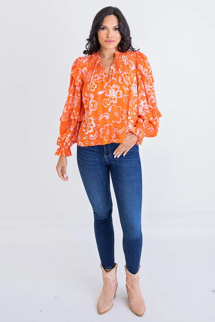 Floral 70's Ruffle Sleeve Top