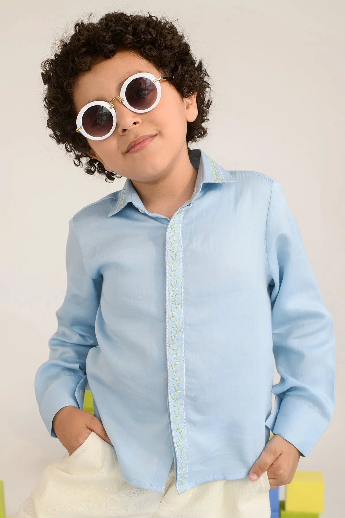 Forest Fern- Thread Embroidered Cotton Satin Shirt for Boys