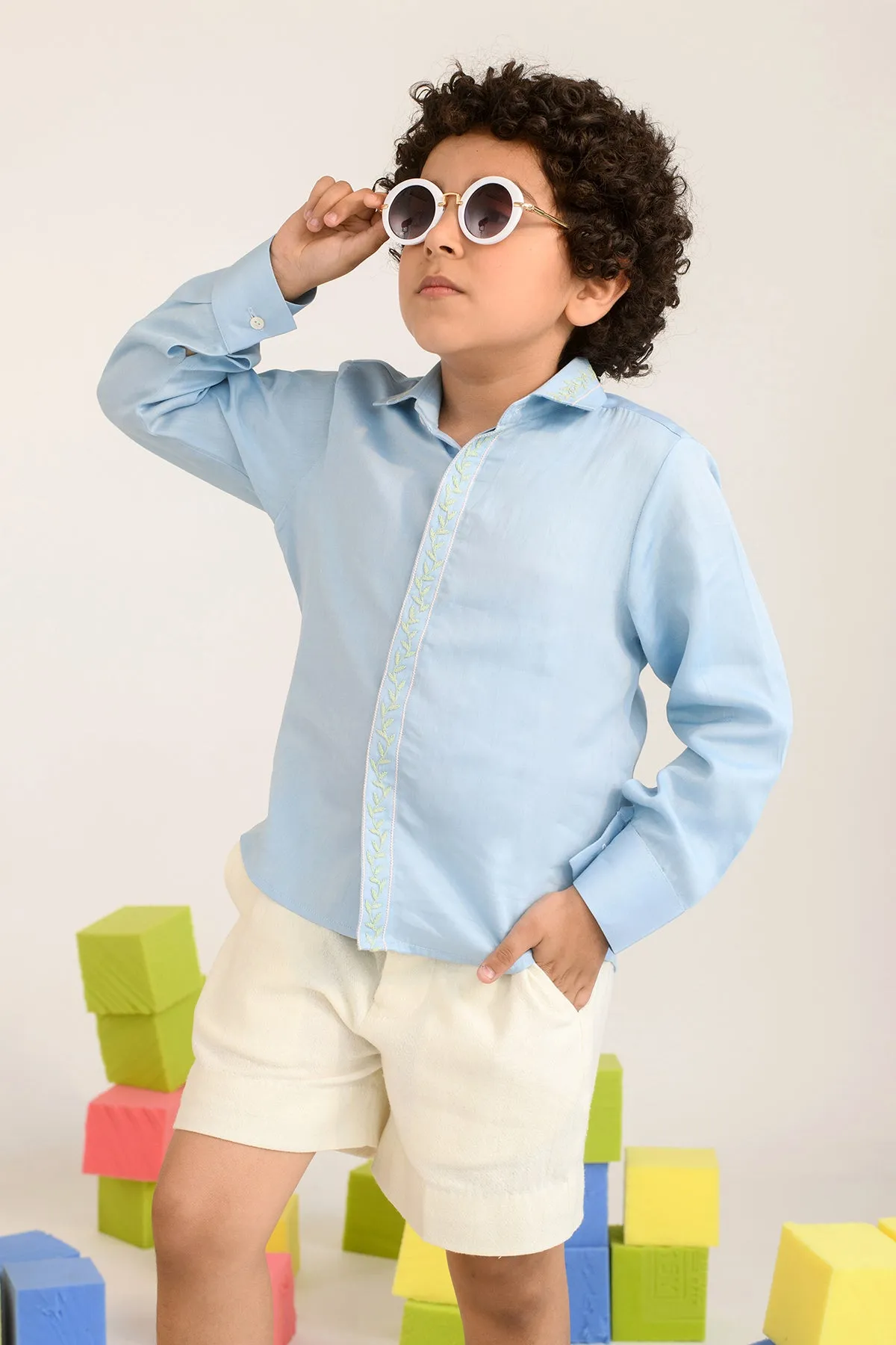 Forest Fern- Thread Embroidered Cotton Satin Shirt for Boys