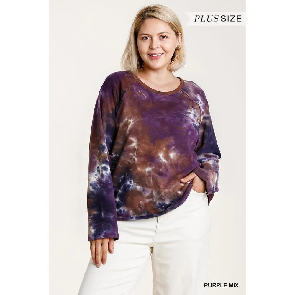 French Terry Tie-dye Raglan Long Sleeve Top With Raw Hem