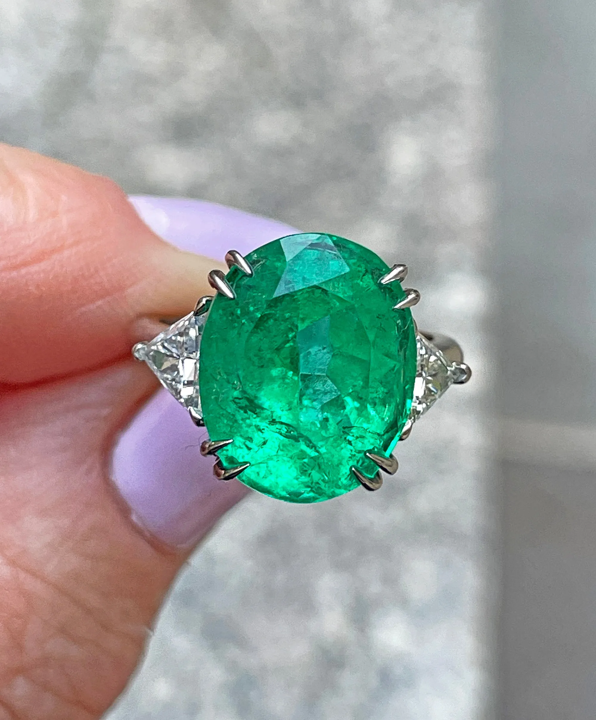 GIA 10cts Colombian Green Emerald & Diamond 3 Stone Engagement Platinum Ring