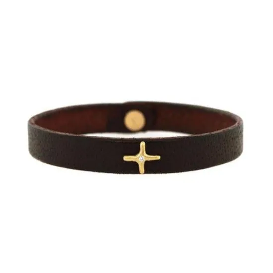 Gold and Diamond Cross Leather Bracelet