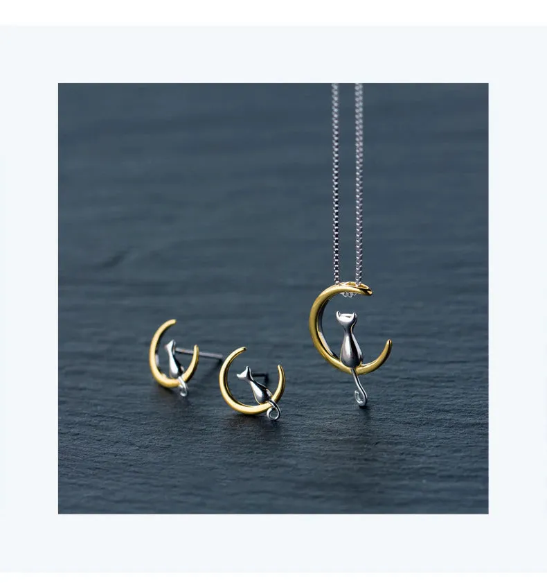 Gold and Silver Moon Kitty Set in Solid 925 Sterling Silver (smaller set)