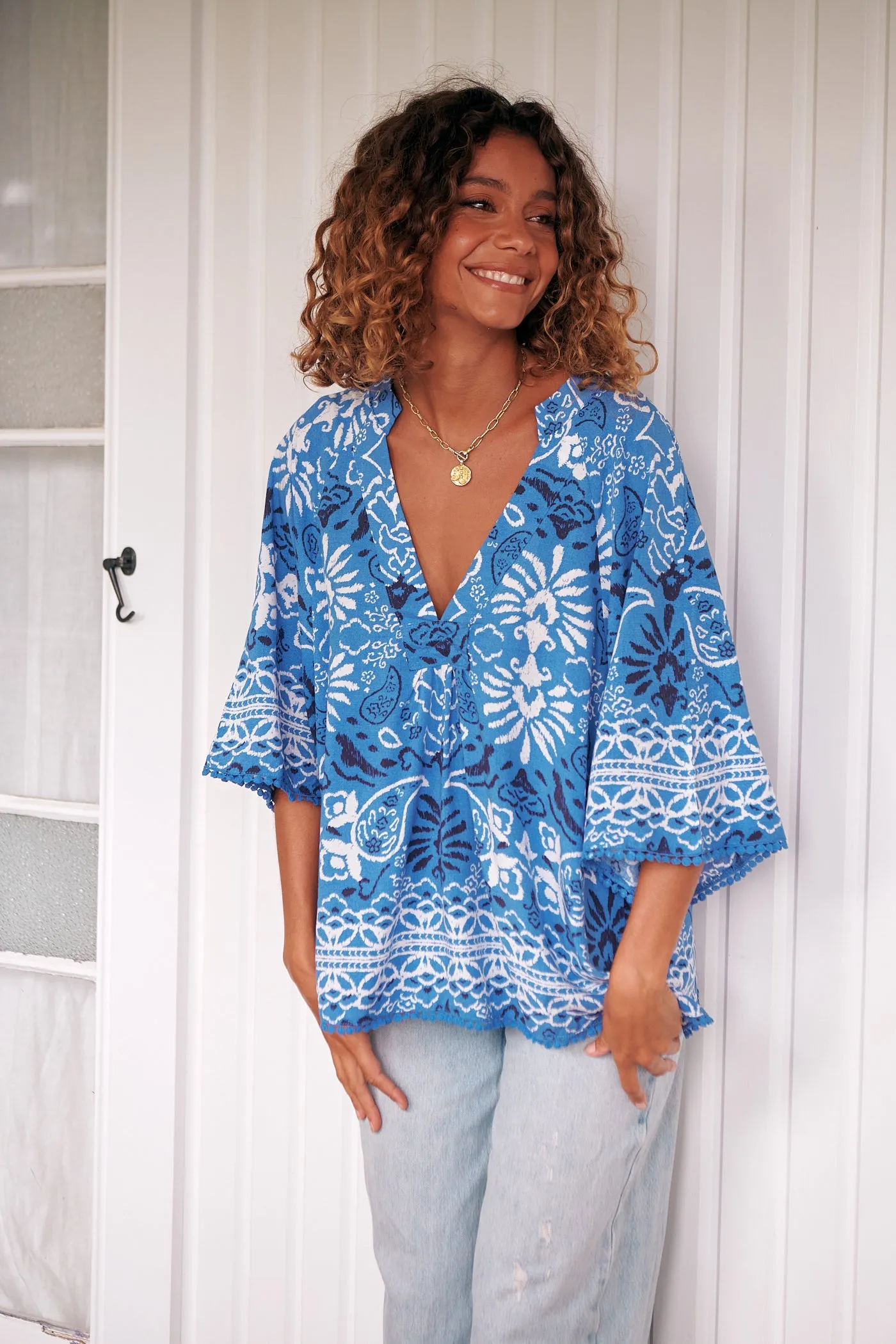 Gracie Blouse - Blue/White