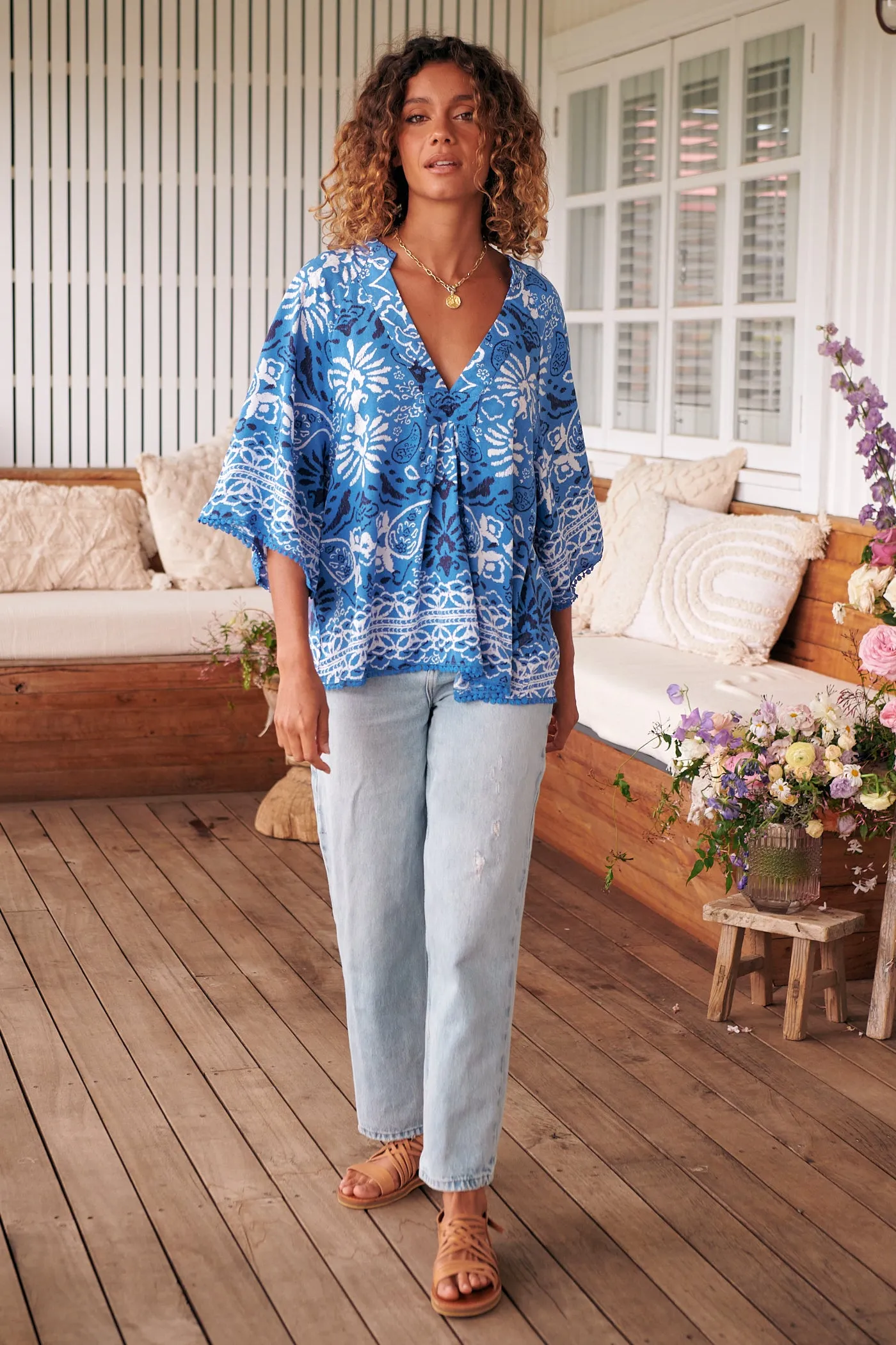 Gracie Blouse - Blue/White