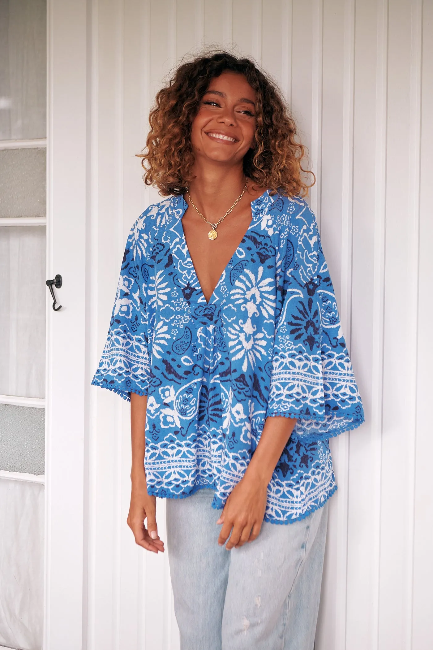 Gracie Blouse - Blue/White