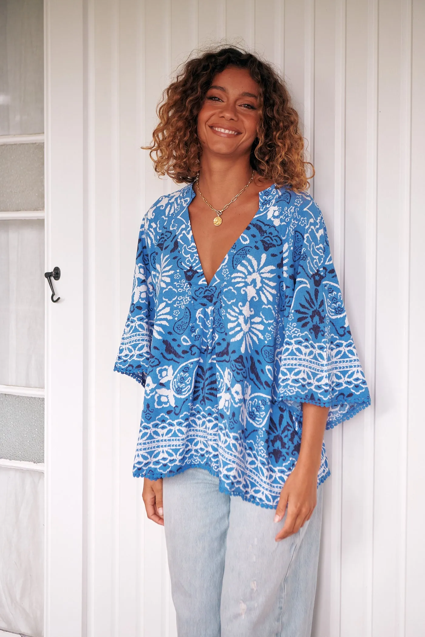 Gracie Blouse - Blue/White