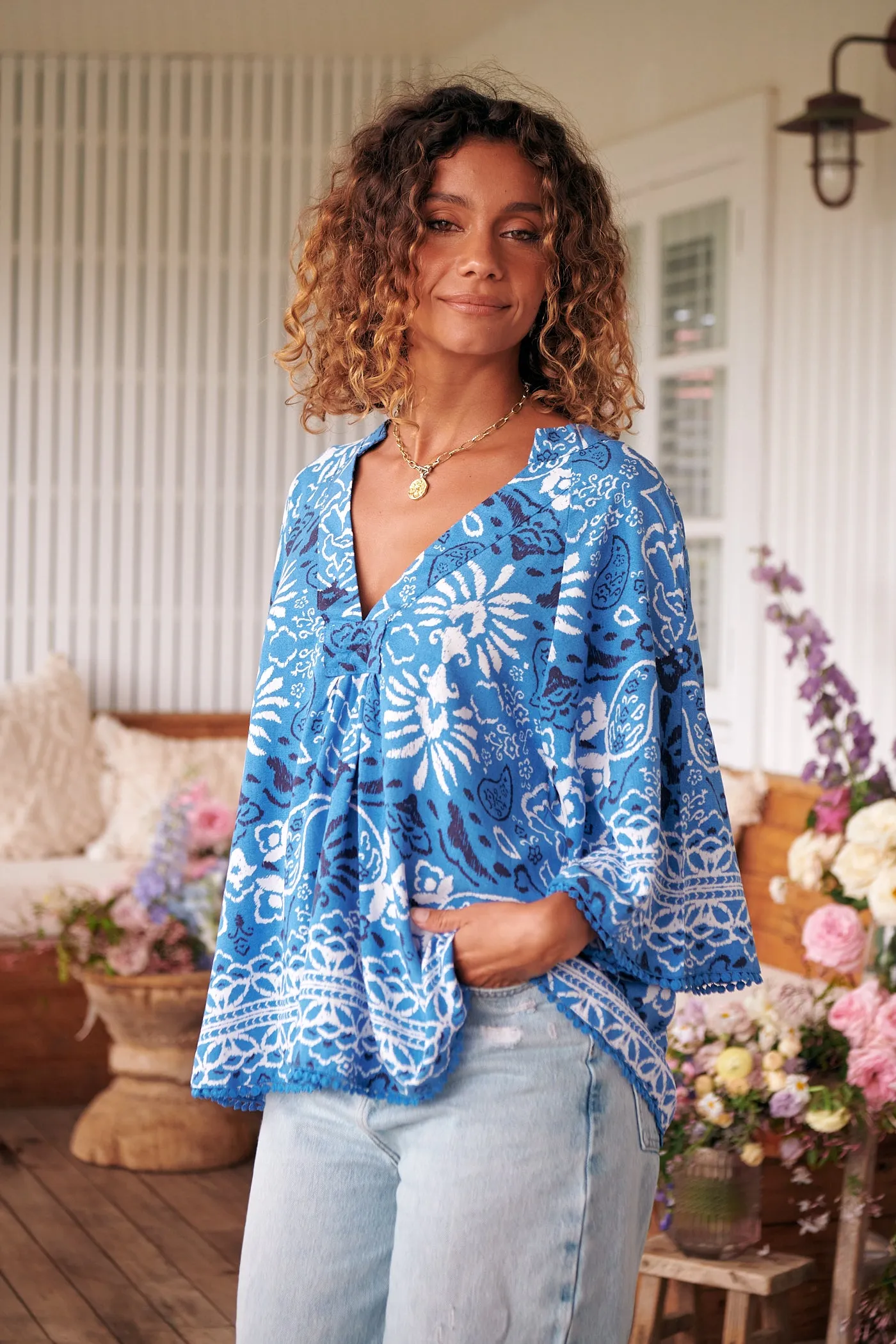 Gracie Blouse - Blue/White