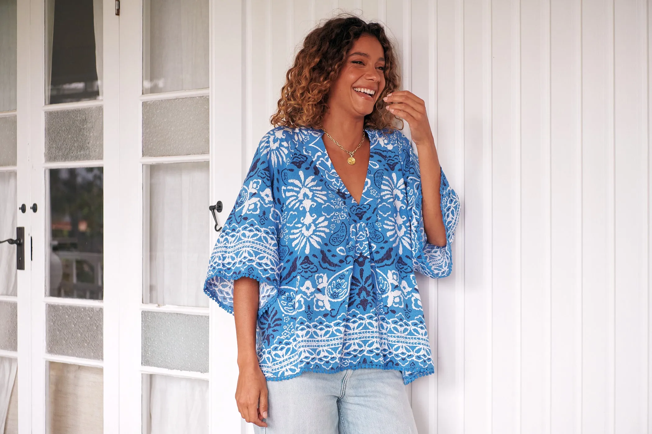 Gracie Blouse - Blue/White