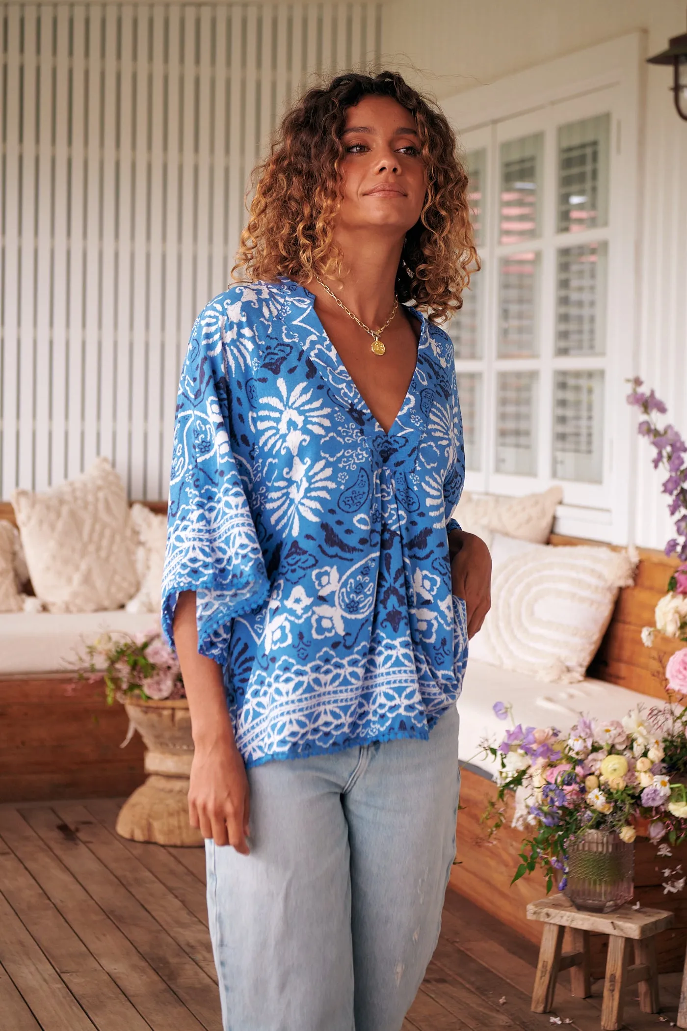 Gracie Blouse - Blue/White