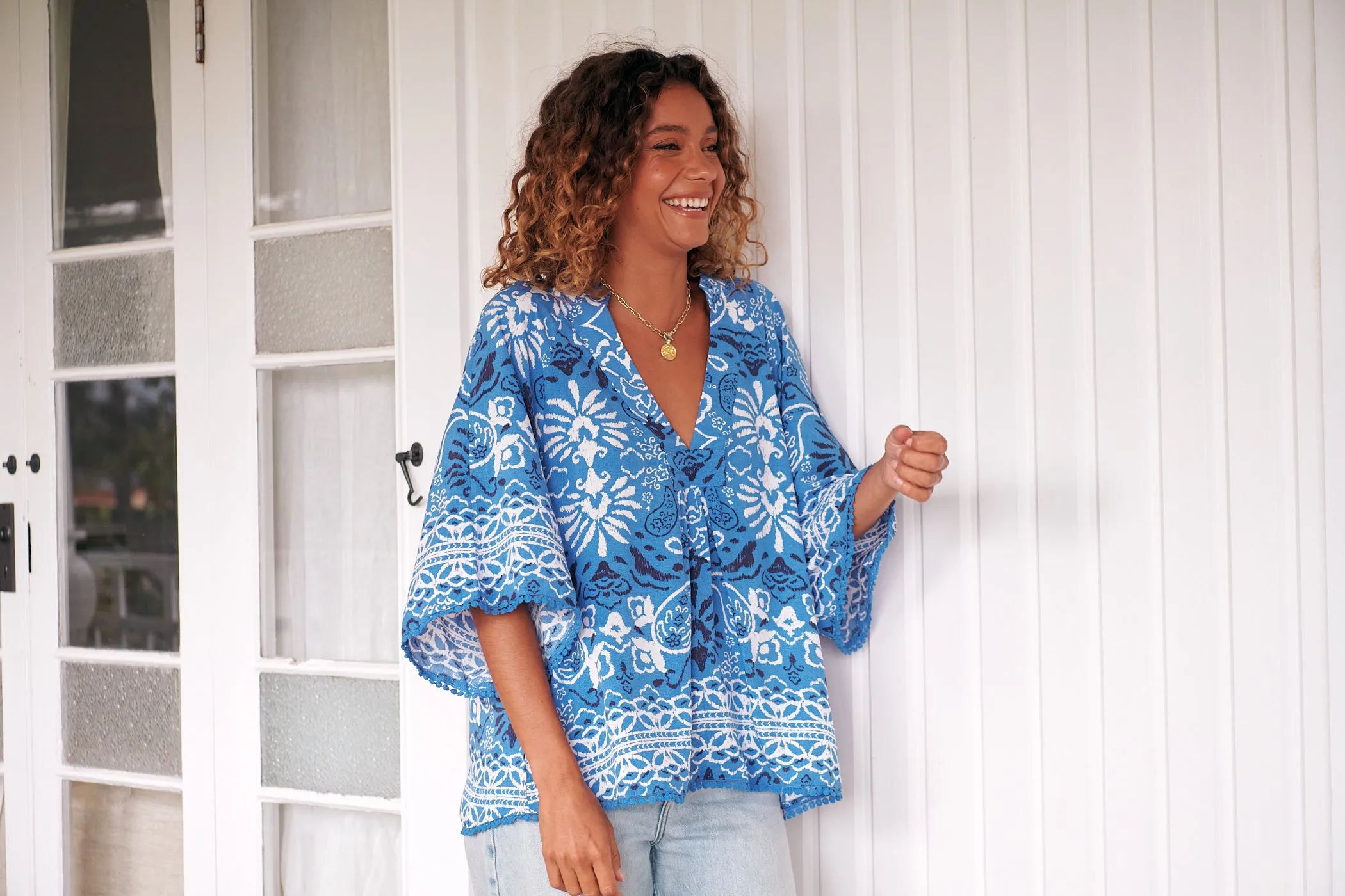 Gracie Blouse - Blue/White