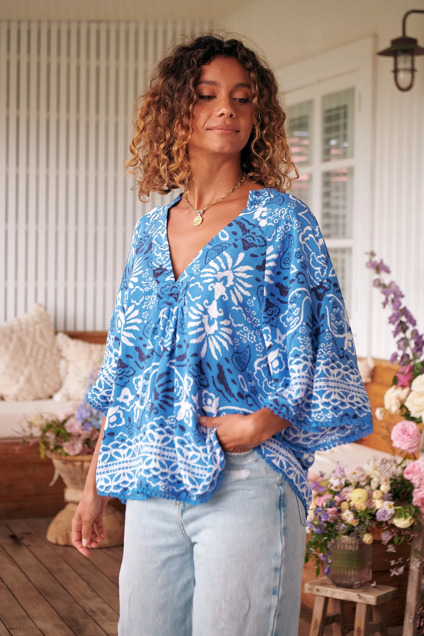 Gracie Blouse - Blue/White