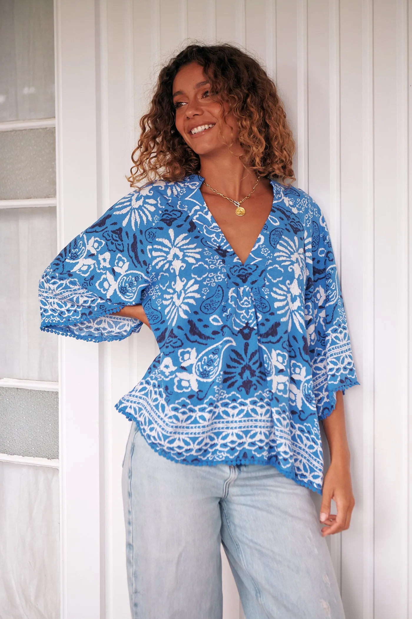 Gracie Blouse - Blue/White