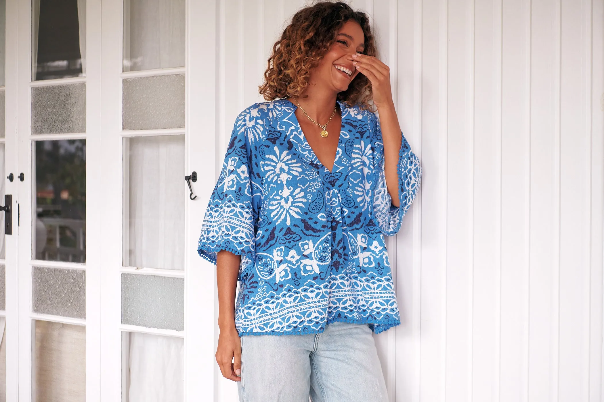 Gracie Blouse - Blue/White