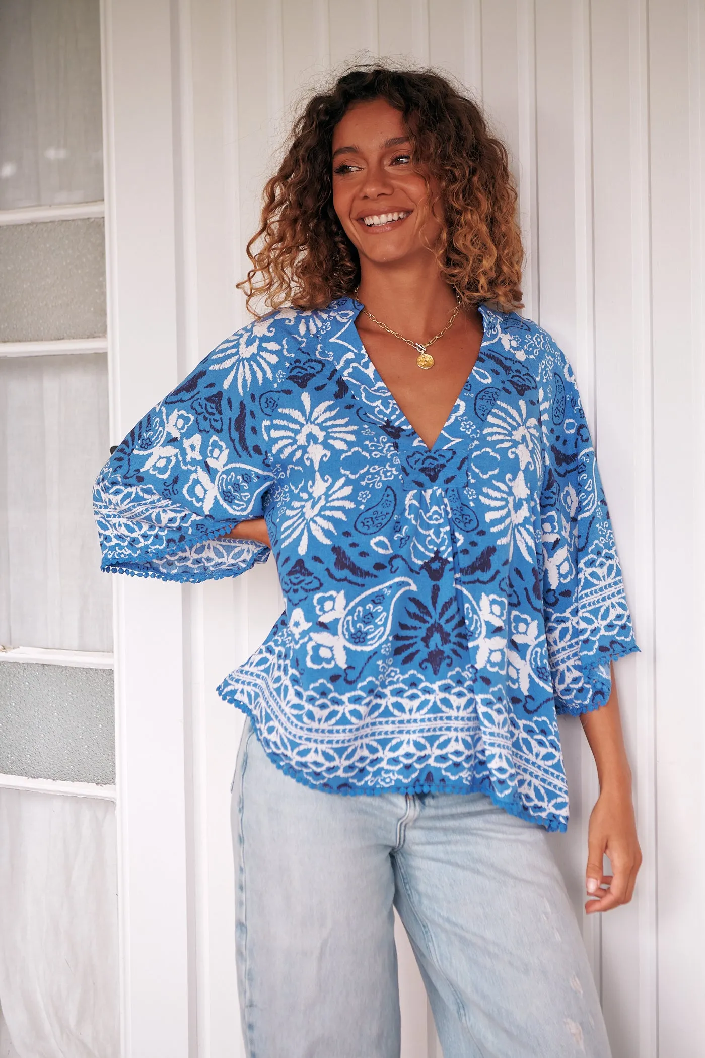 Gracie Blouse - Blue/White