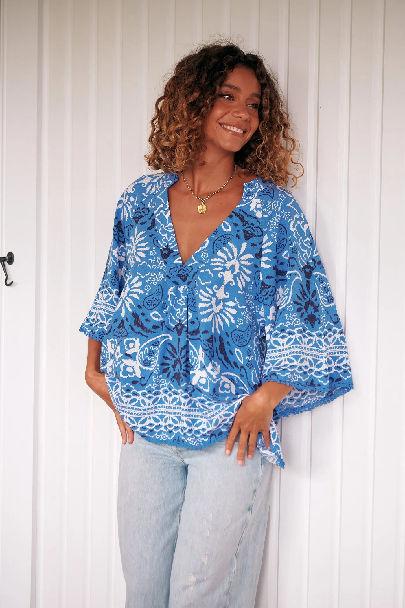 Gracie Blouse - Blue/White