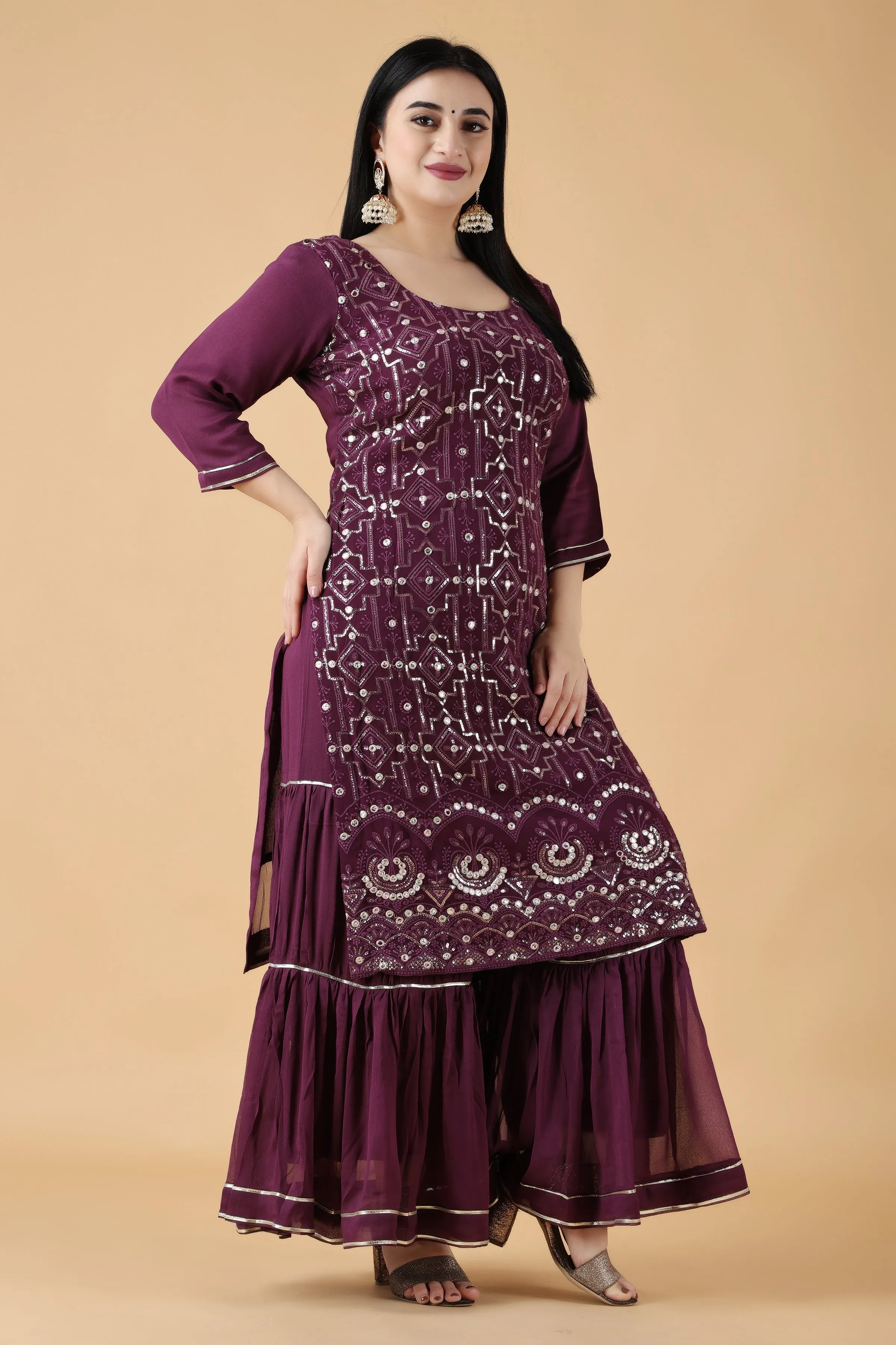 Grape Wine Mirrored Sharara Suit