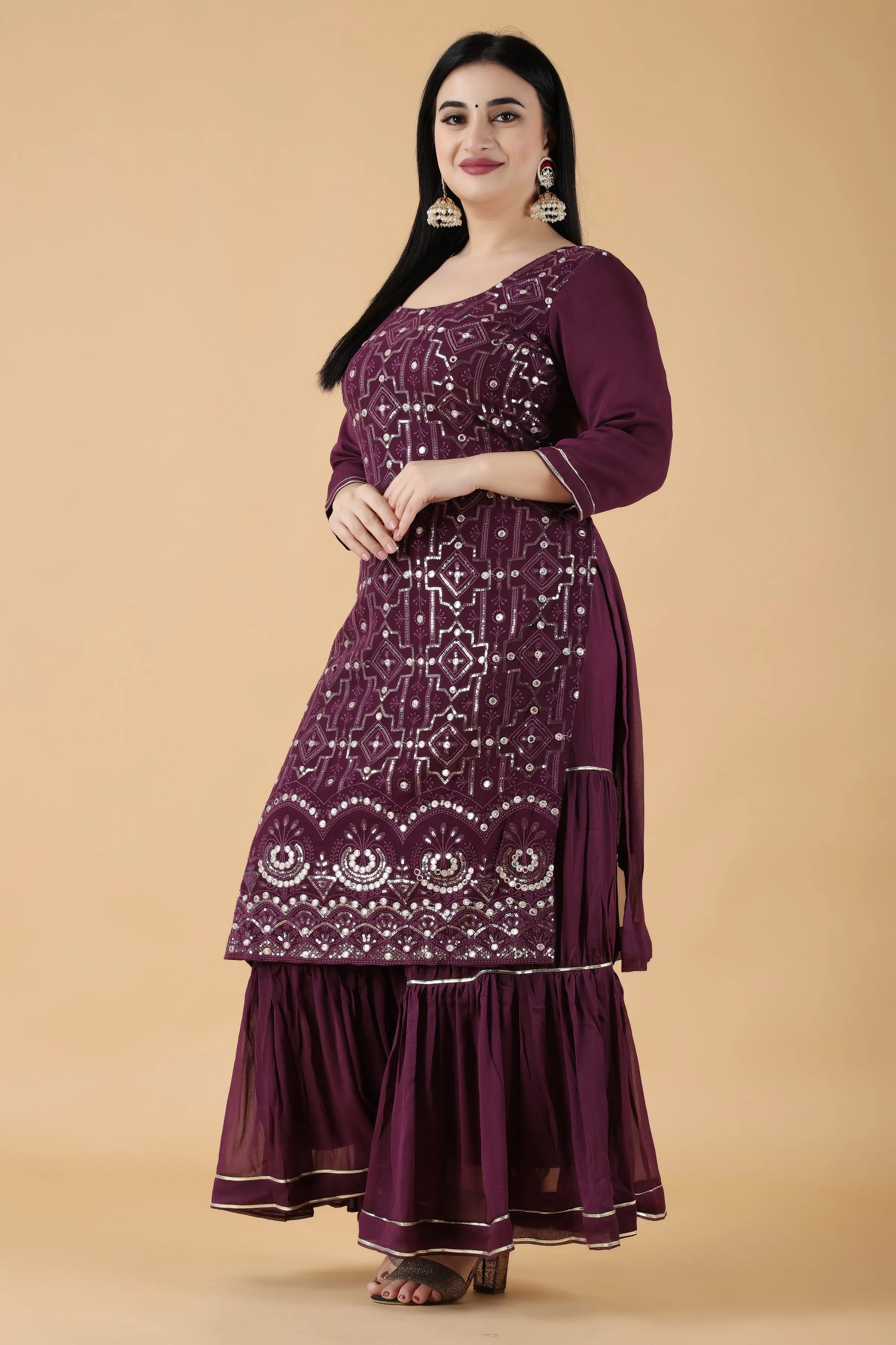 Grape Wine Mirrored Sharara Suit