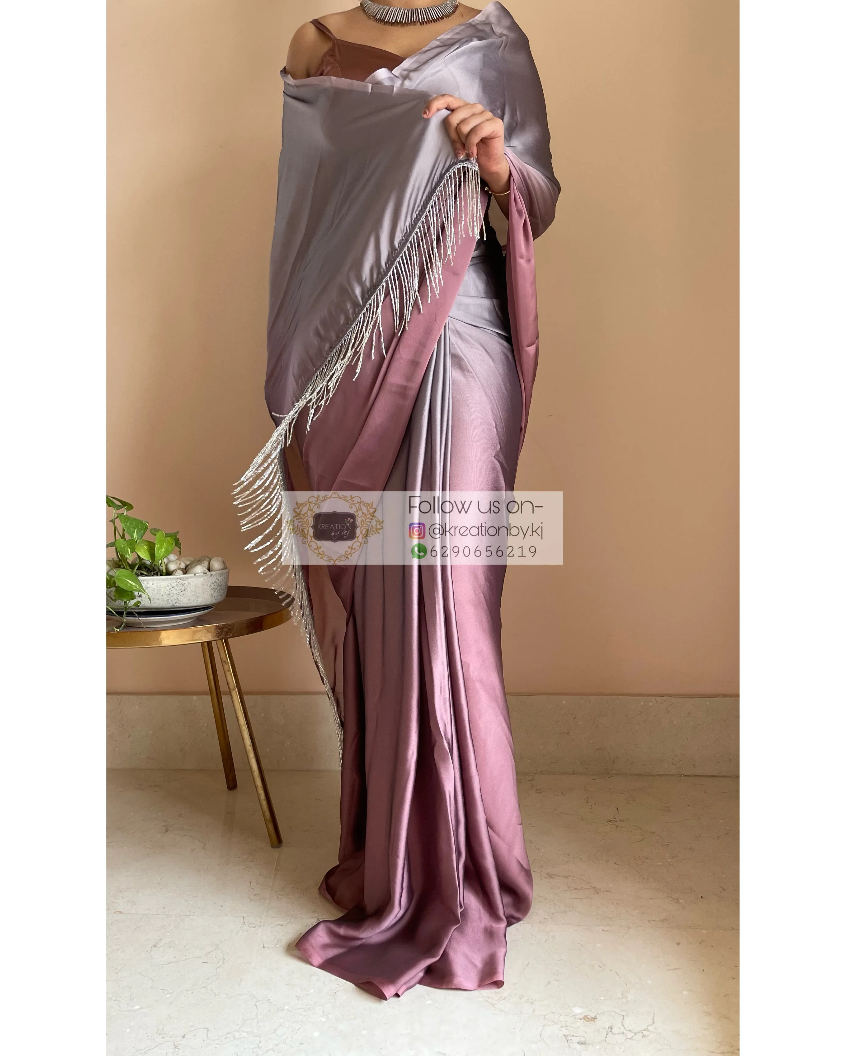 Grey-Rose Gold Ombré Saree withe Handmade Tassels on Pallu