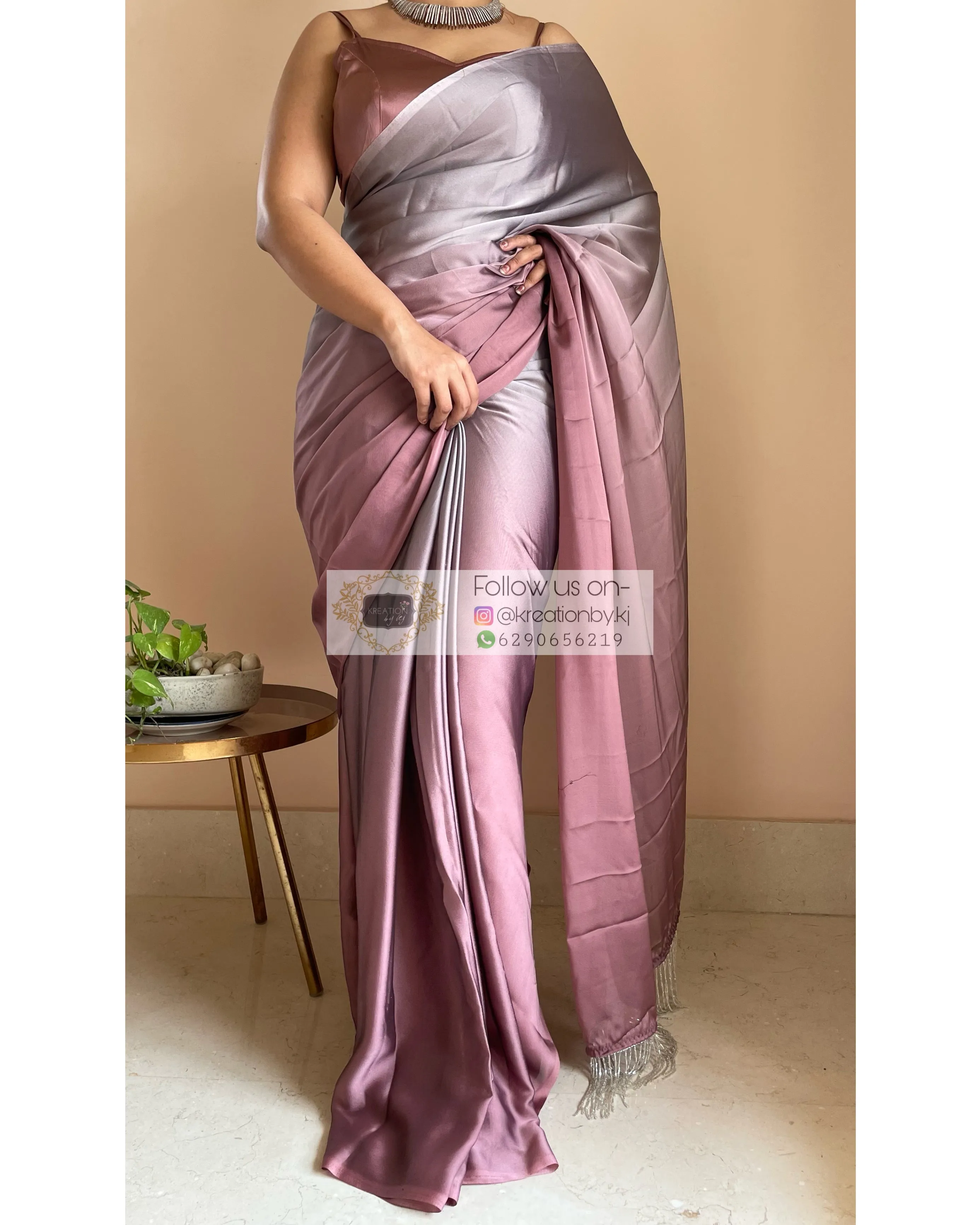 Grey-Rose Gold Ombré Saree withe Handmade Tassels on Pallu