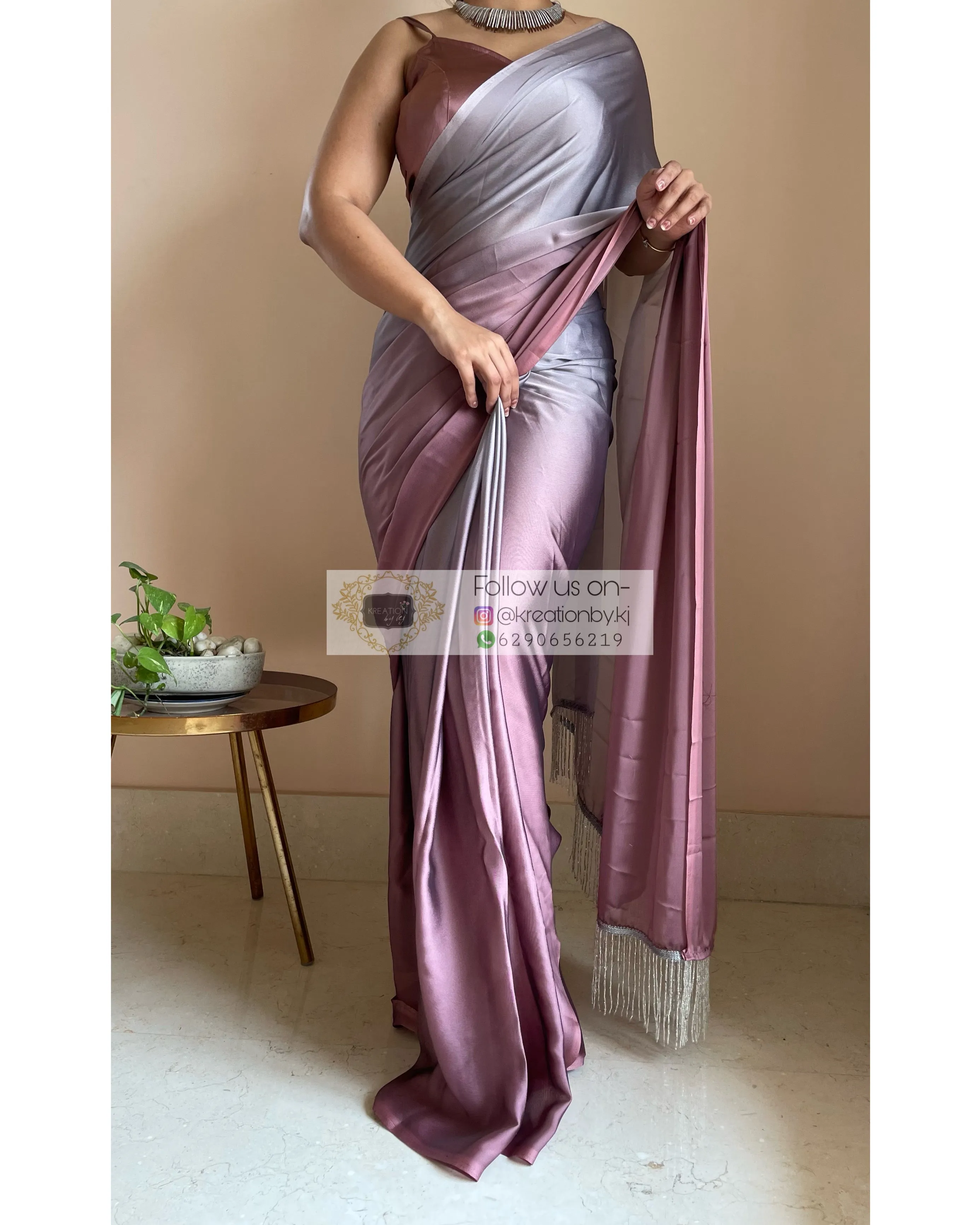 Grey-Rose Gold Ombré Saree withe Handmade Tassels on Pallu