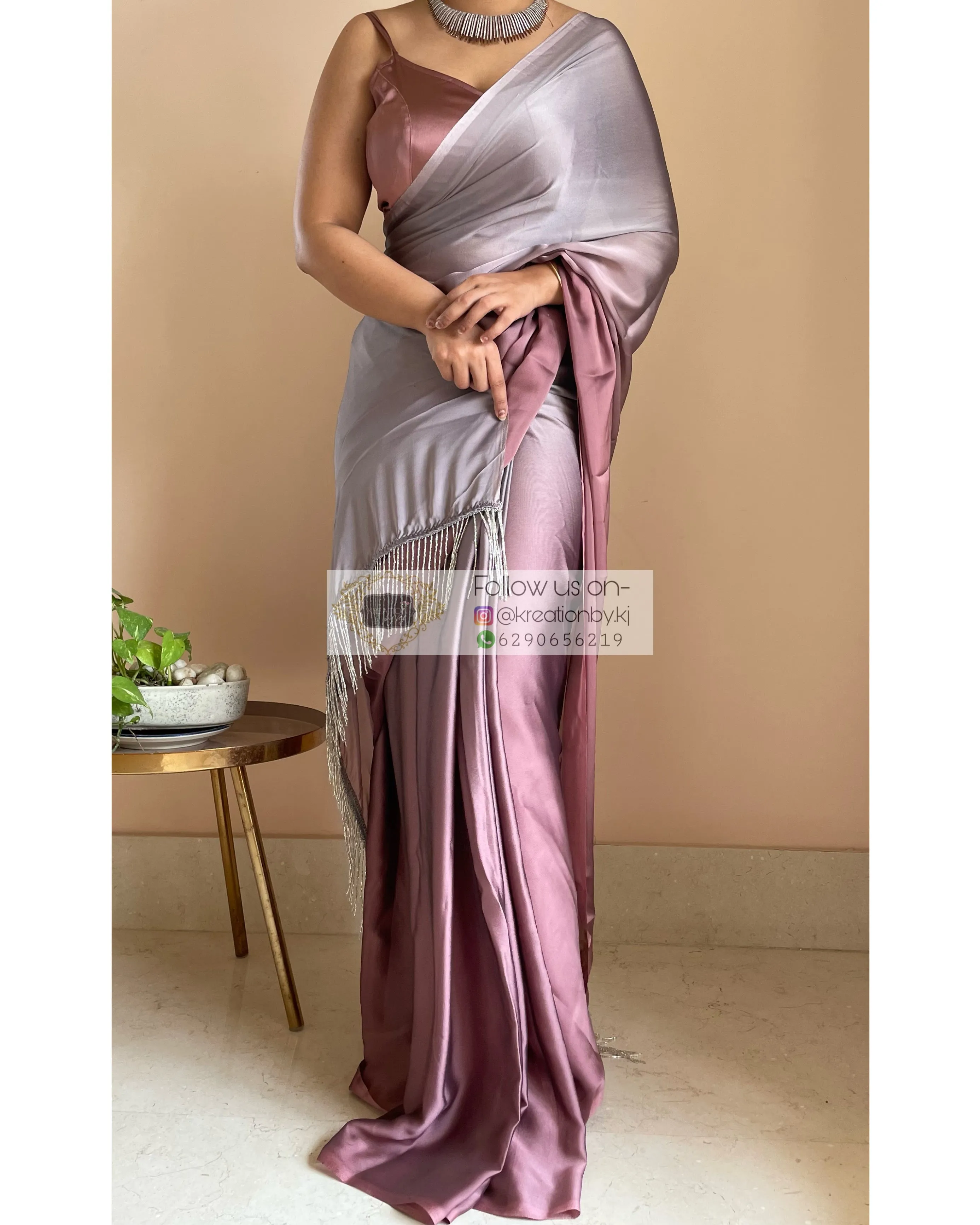 Grey-Rose Gold Ombré Saree withe Handmade Tassels on Pallu