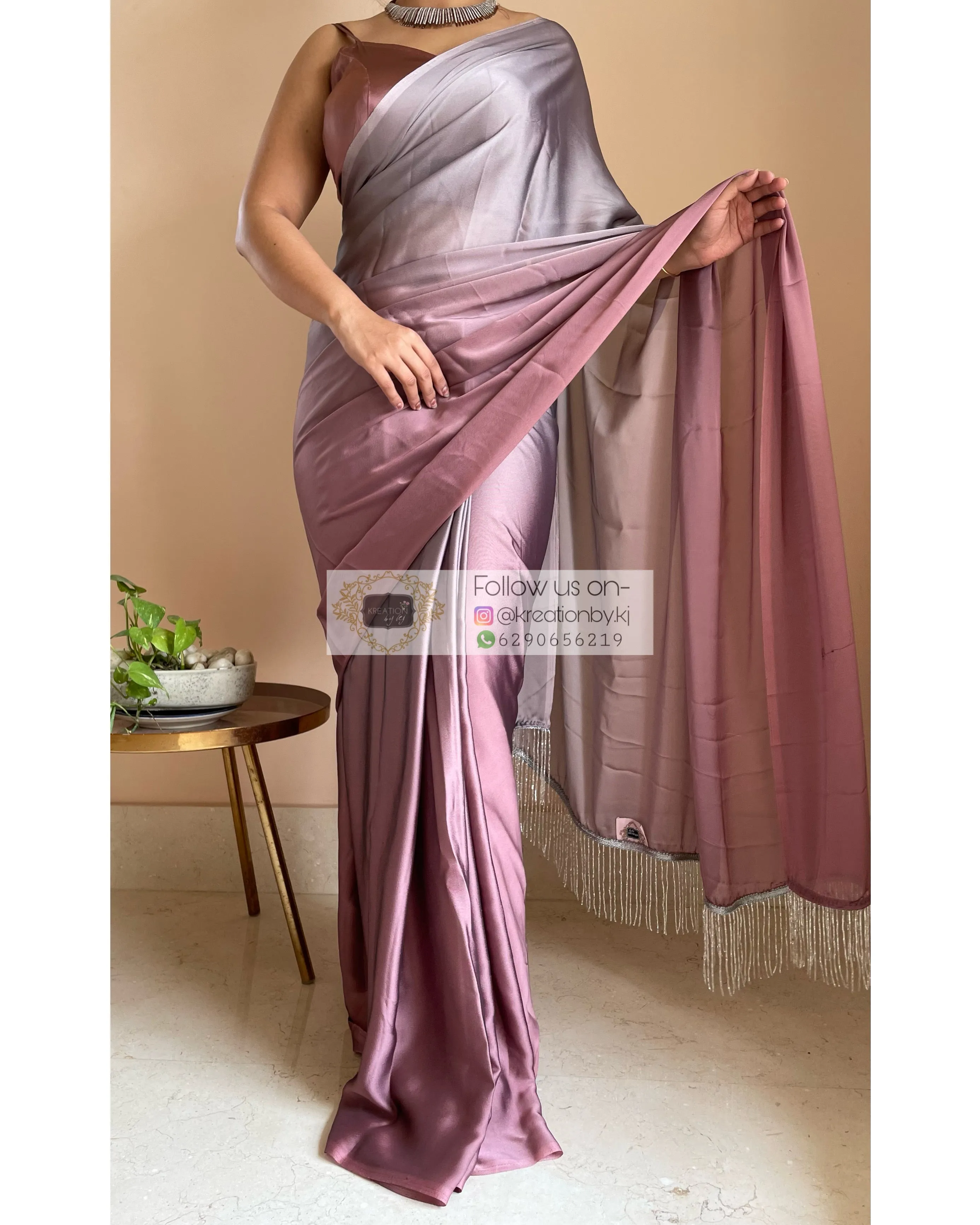 Grey-Rose Gold Ombré Saree withe Handmade Tassels on Pallu