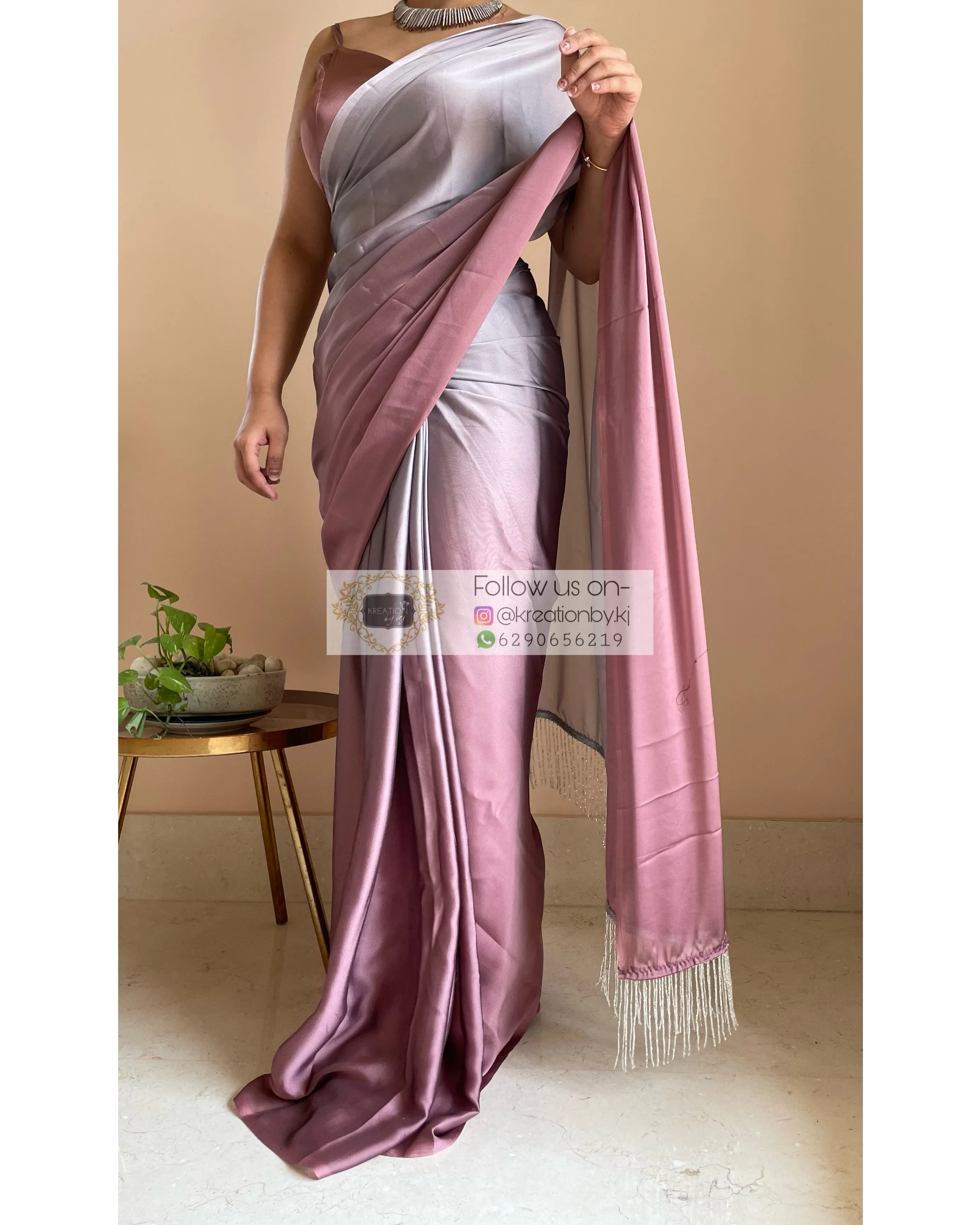 Grey-Rose Gold Ombré Saree withe Handmade Tassels on Pallu