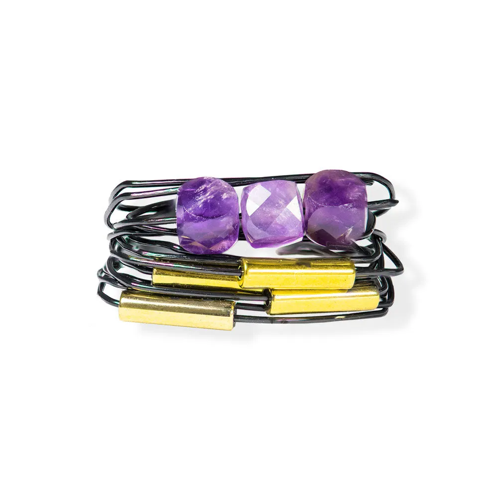 Handmade Black Wire Ring With Amethyst & Hematite