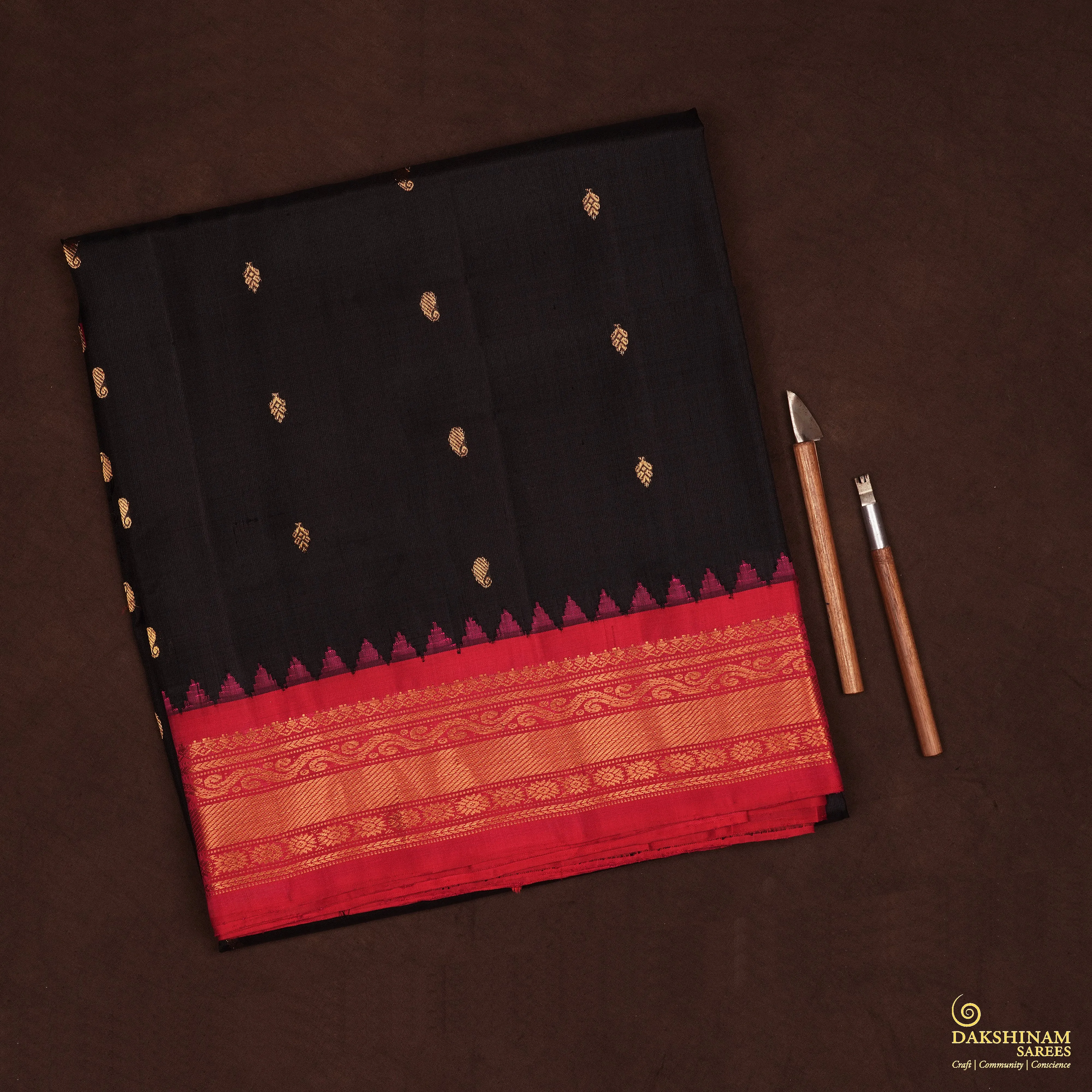 Handwoven Black with Red Gadwal Silk Saree - 2029T010264DSC