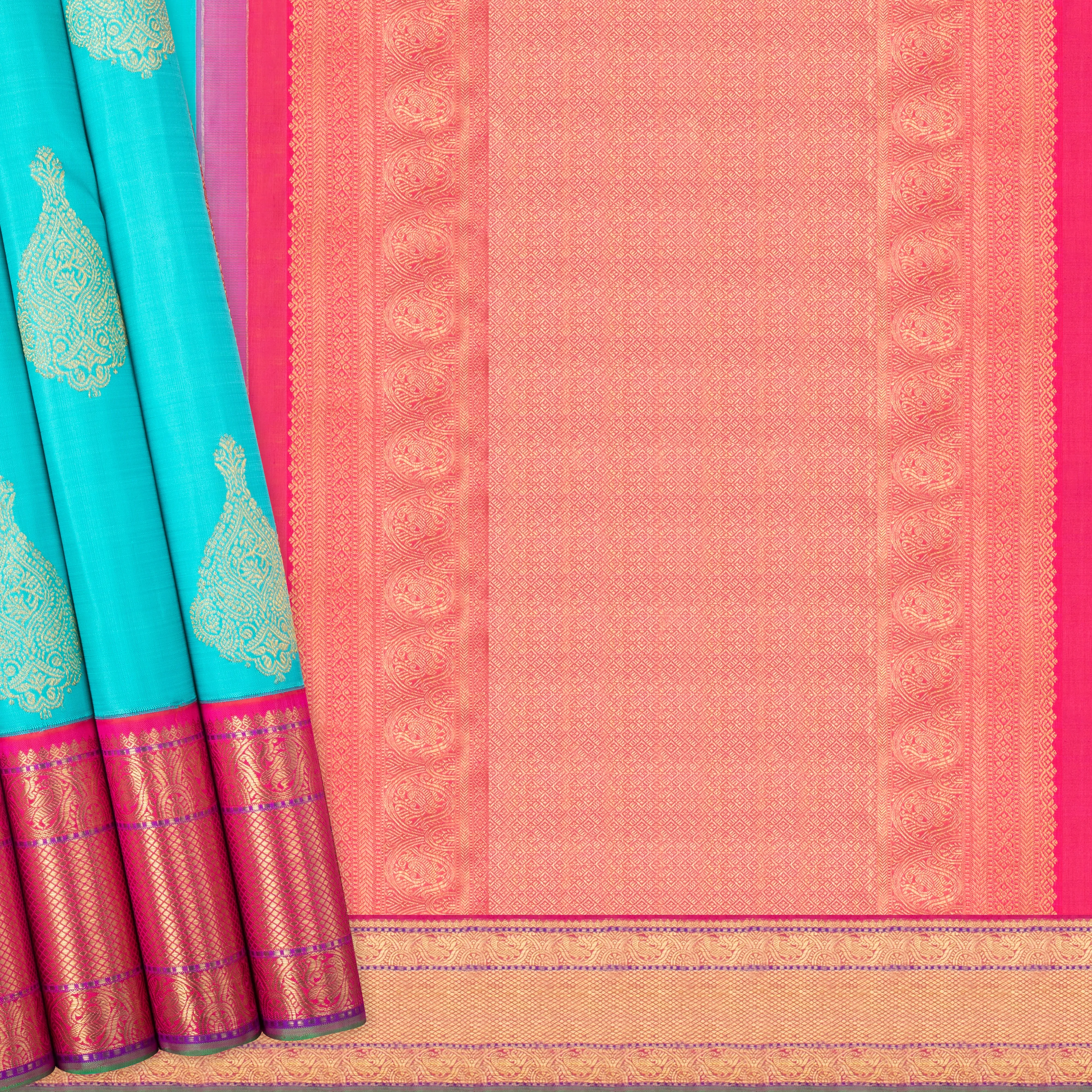 Handwoven Blue with Pink Kanjivaram Silk Saree - 568T002840DSC