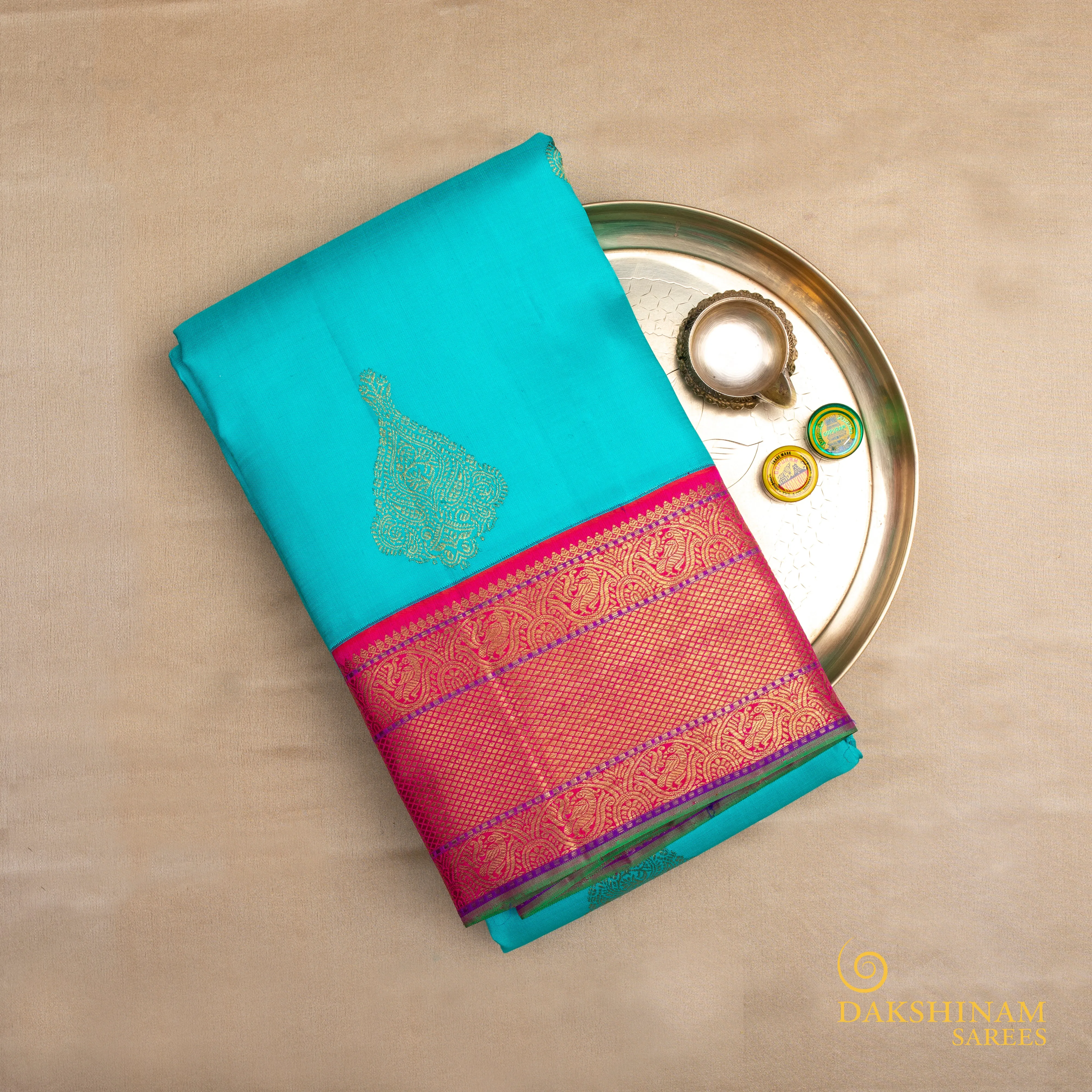 Handwoven Blue with Pink Kanjivaram Silk Saree - 568T002840DSC