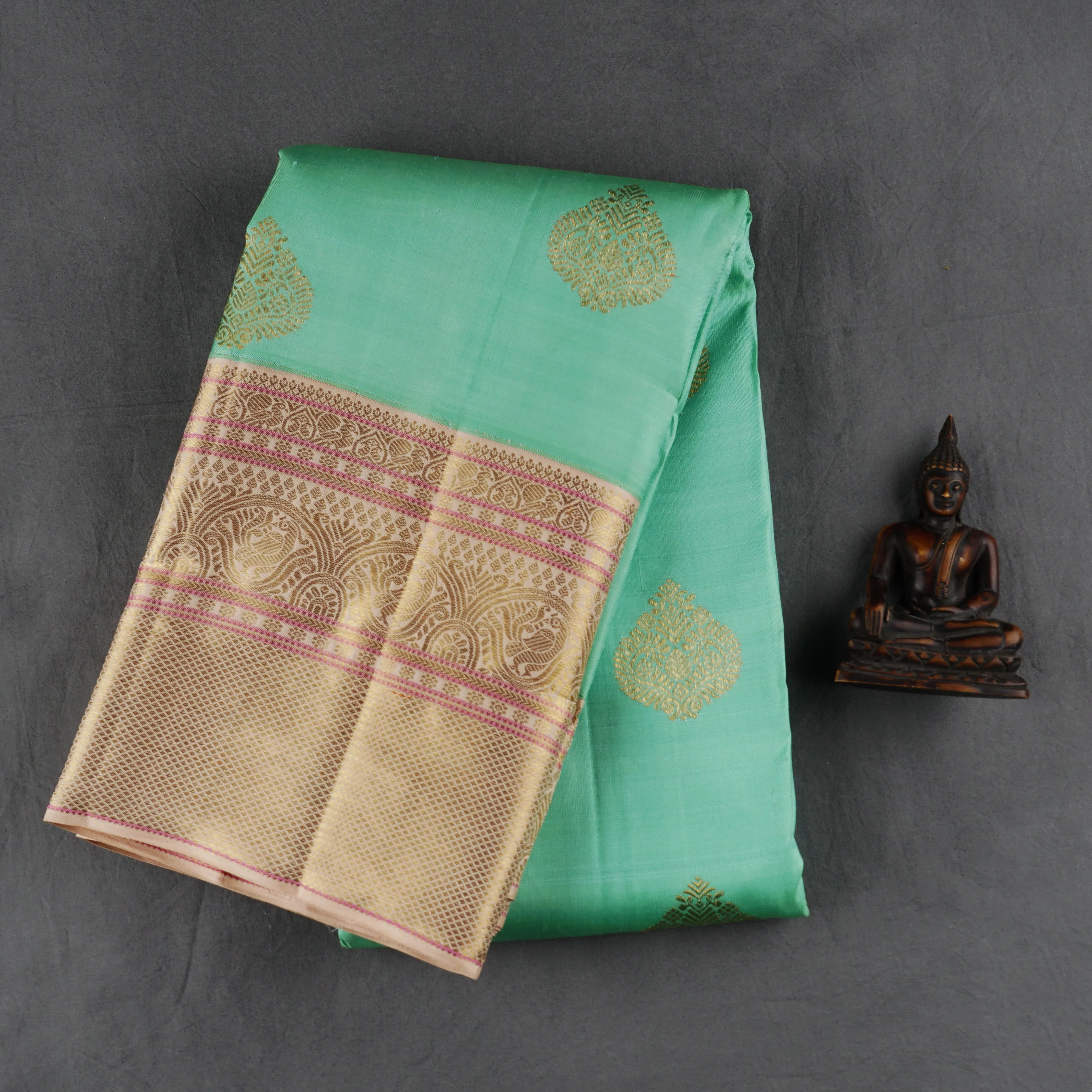 Handwoven Green with Pink Kanjivaram Silk Saree - 1854T005696DSC