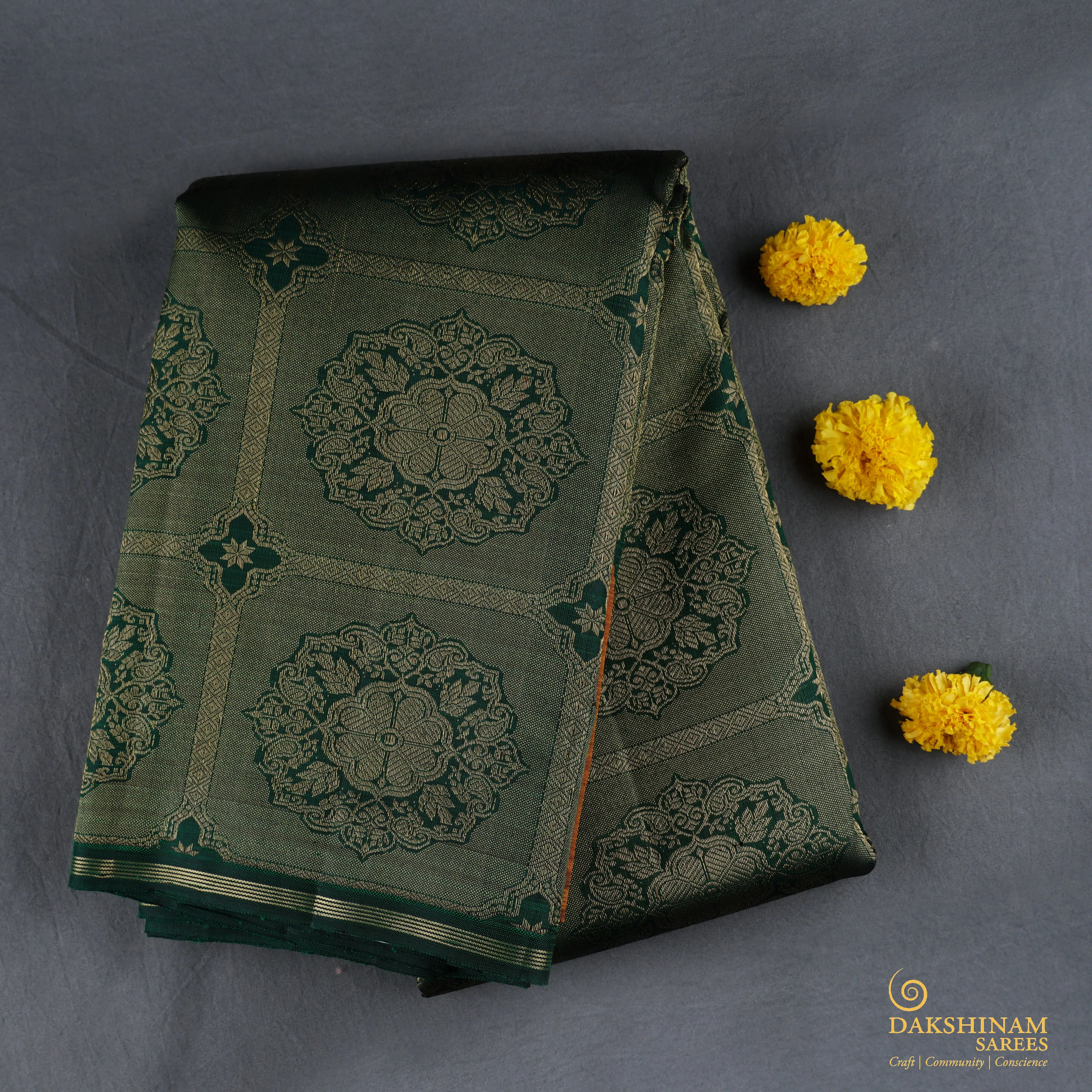 Handwoven Green with Yellow Kanjivaram Silk Saree - 1863T006034DSC