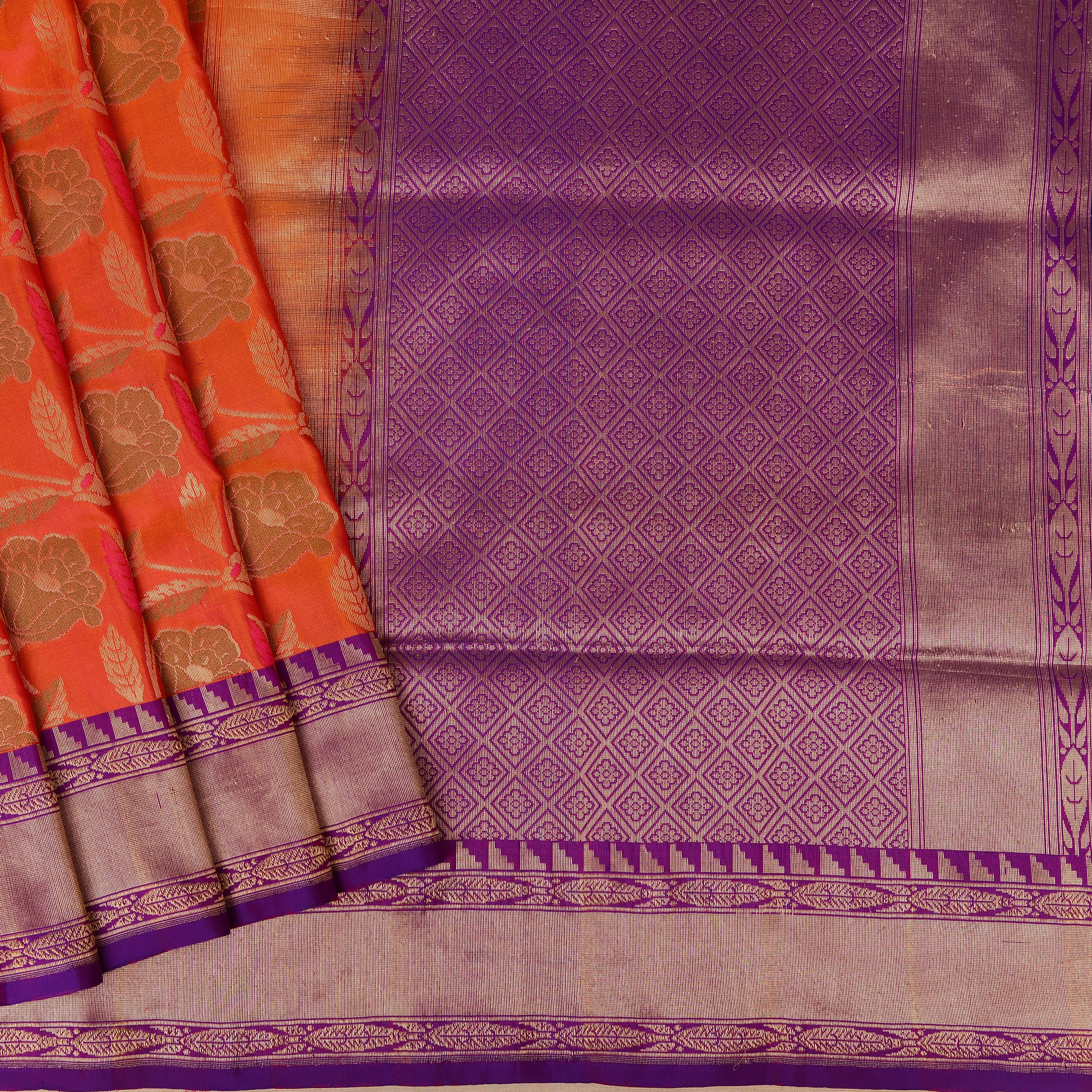 Handwoven Orange and Purple Banarasi Silk Saree - 55N004064DSJ