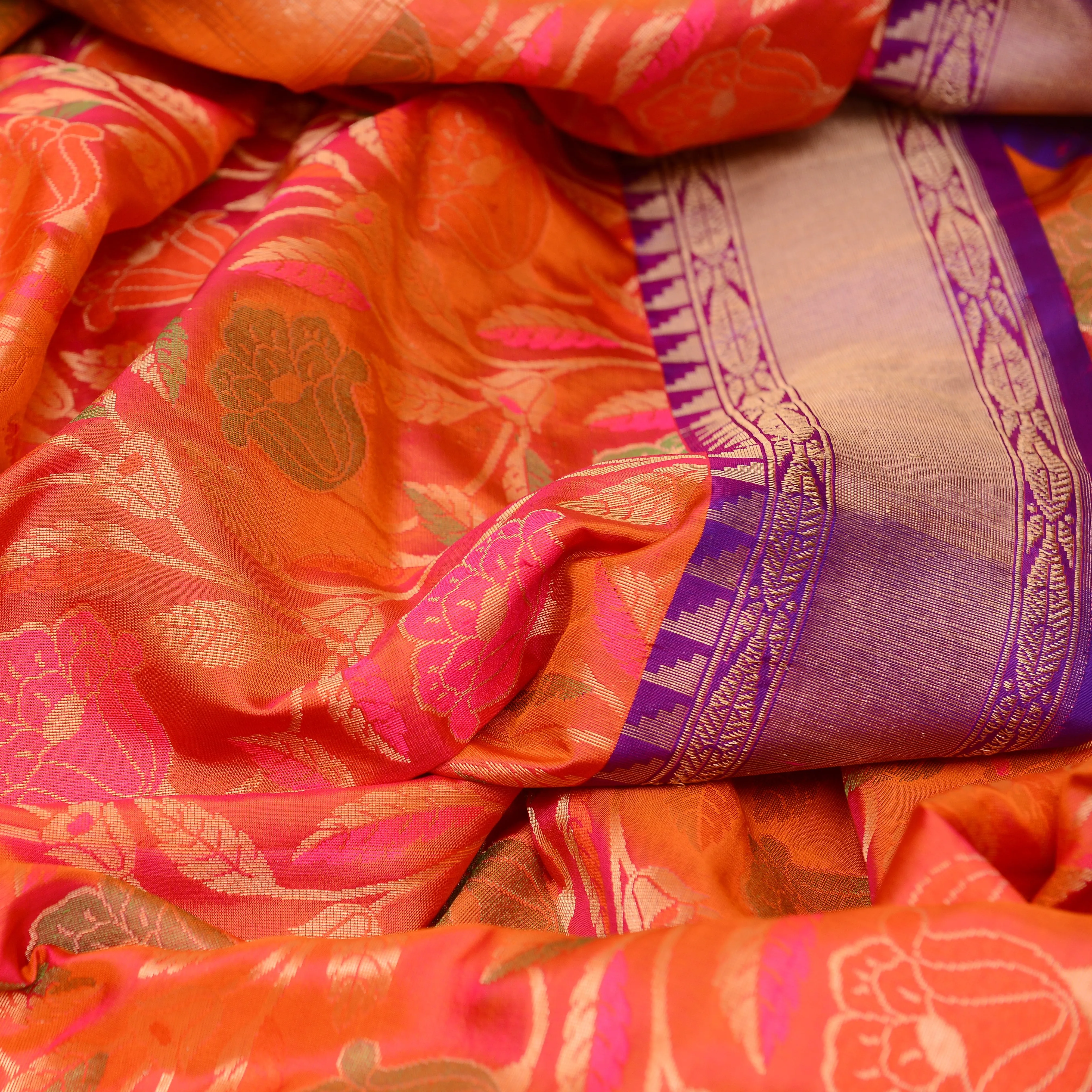 Handwoven Orange and Purple Banarasi Silk Saree - 55N004064DSJ