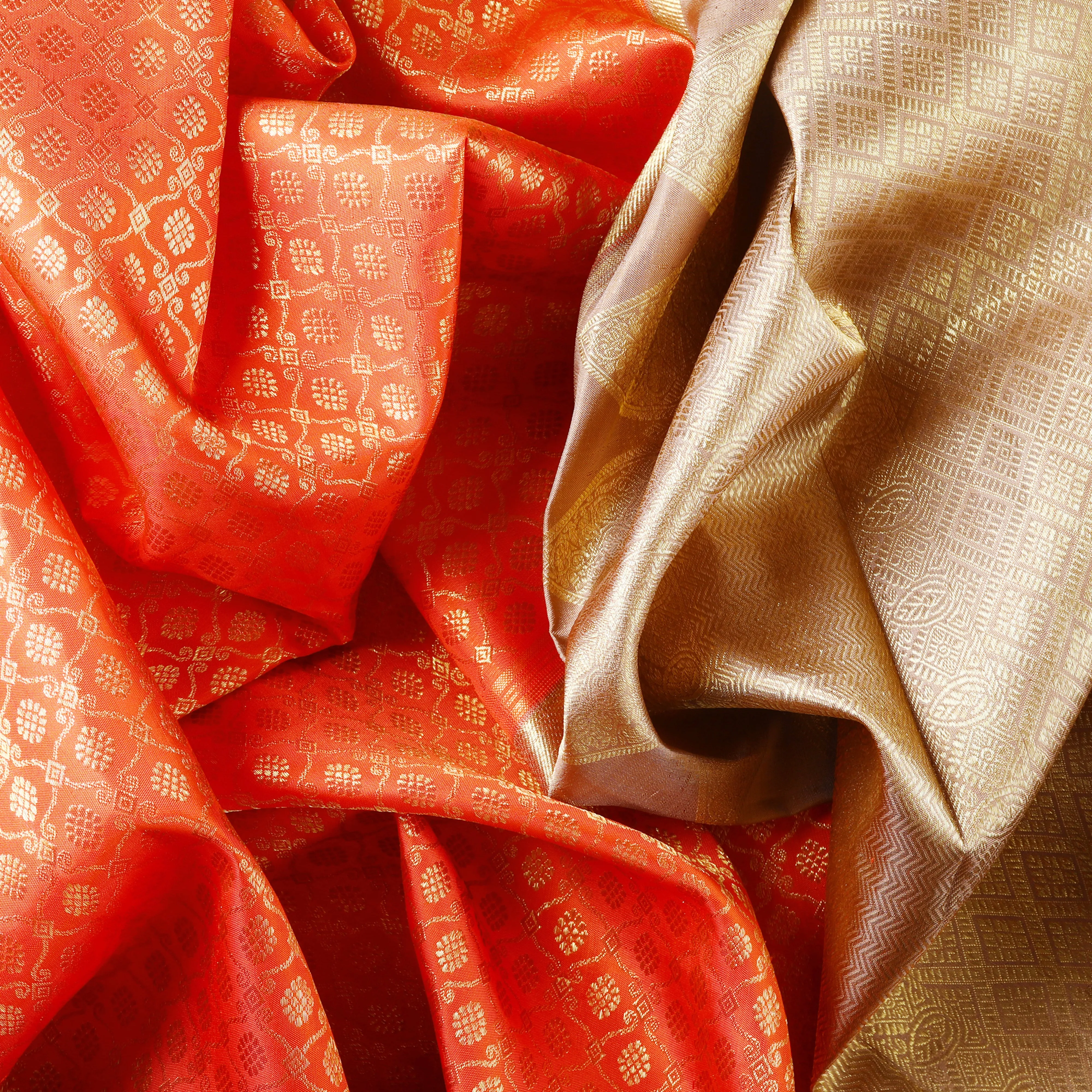 Handwoven Orange with Beige Kanjivaram Silk Saree - 432T002782DSC