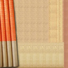 Handwoven Orange with Beige Kanjivaram Silk Saree - 432T002782DSC