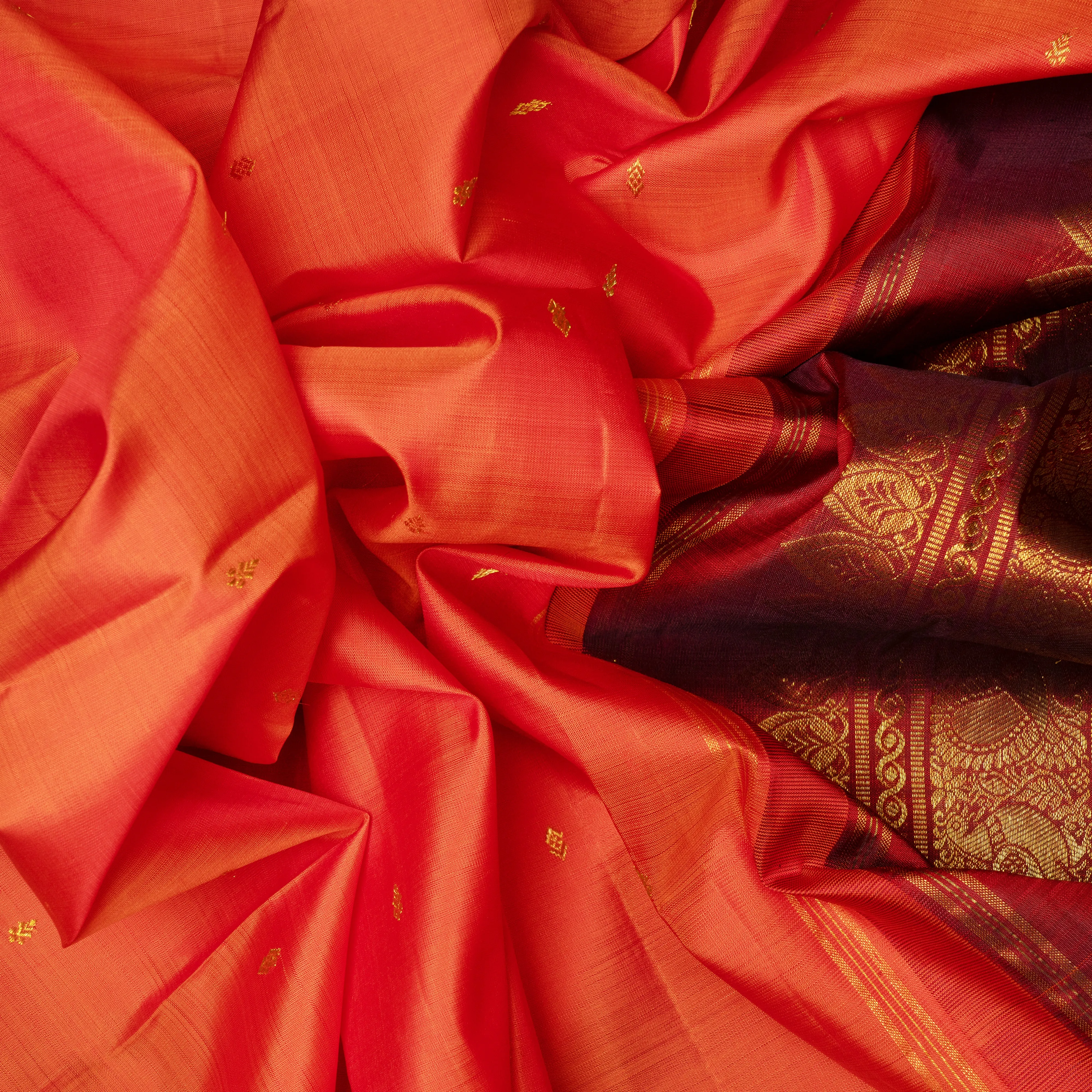 Handwoven Orange with Red Kanjivaram Silk Saree - 2042T010364DSC