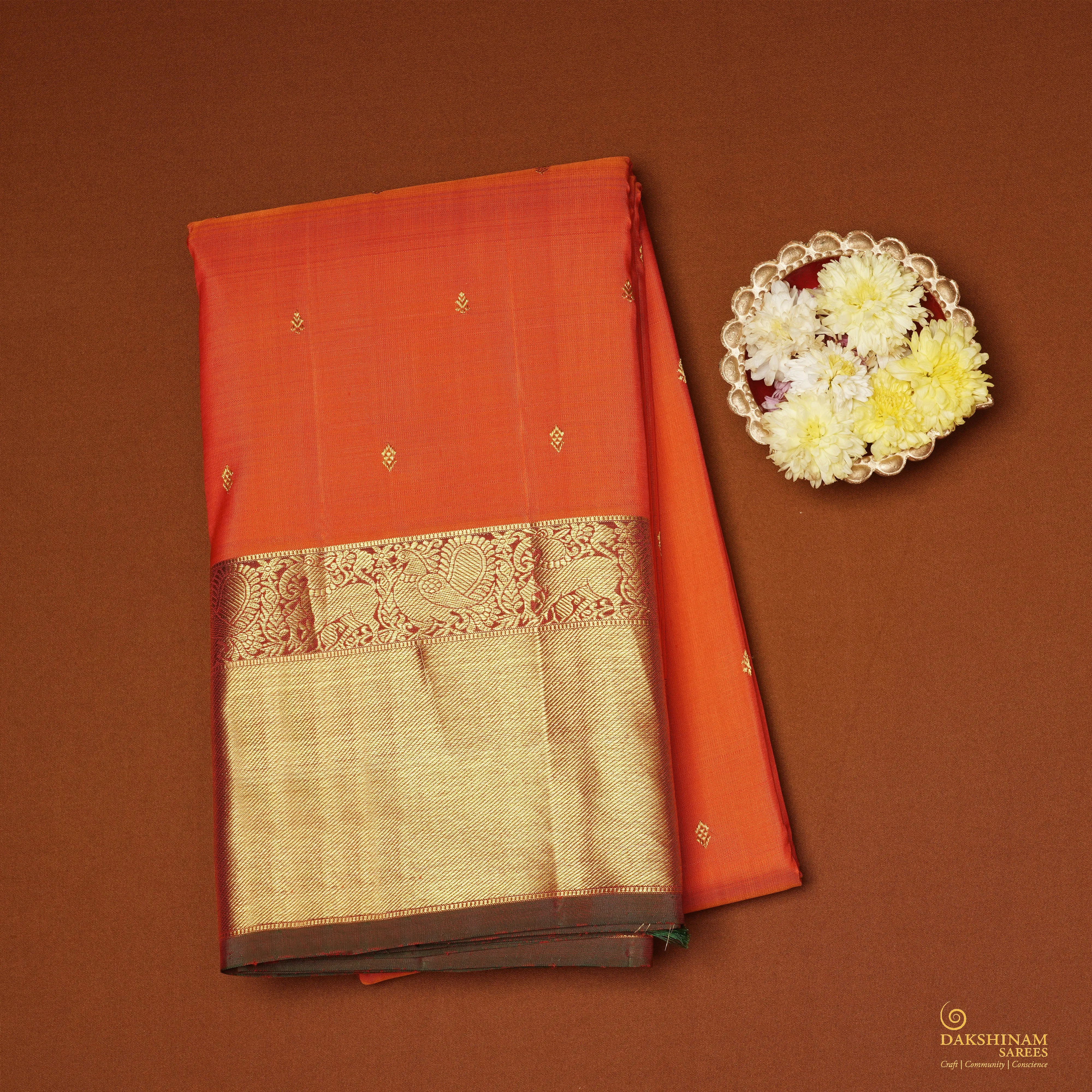 Handwoven Orange with Red Kanjivaram Silk Saree - 2042T010364DSC