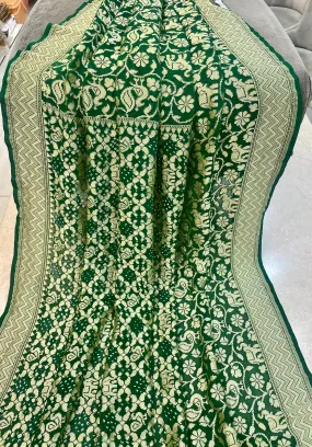 Handwoven Pure Bandhani Banarasi Green Saree Blouse